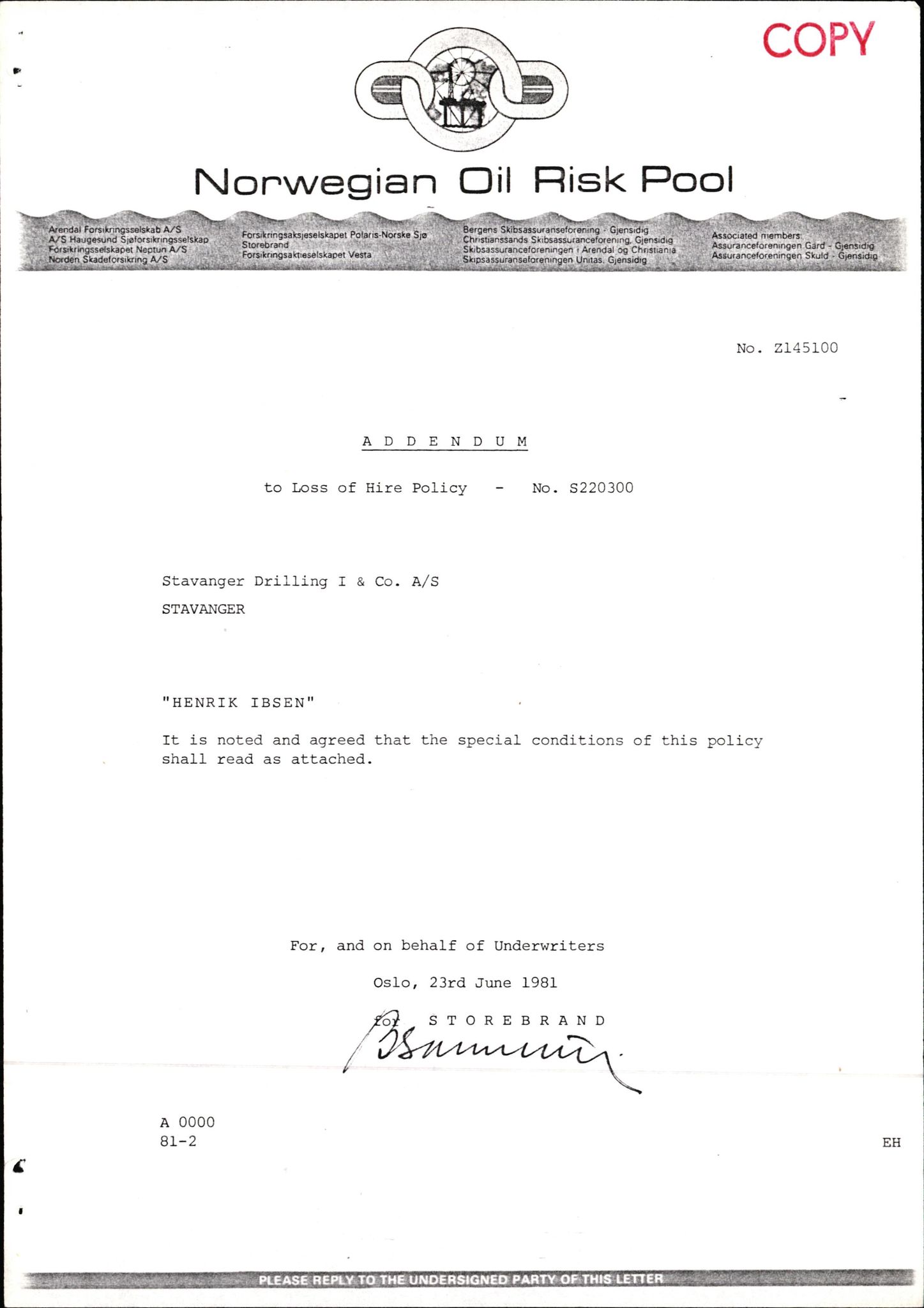 Pa 1503 - Stavanger Drilling AS, AV/SAST-A-101906/2/E/Ec/Eca/L0009: Forsikring, 1975-1980