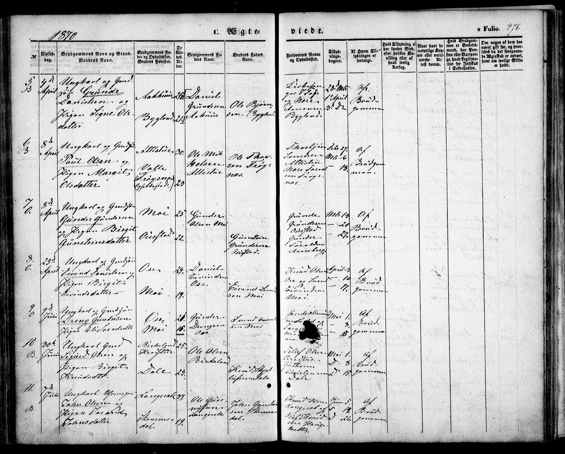 Bygland sokneprestkontor, AV/SAK-1111-0006/F/Fa/Fab/L0005: Ministerialbok nr. A 5, 1859-1873, s. 276