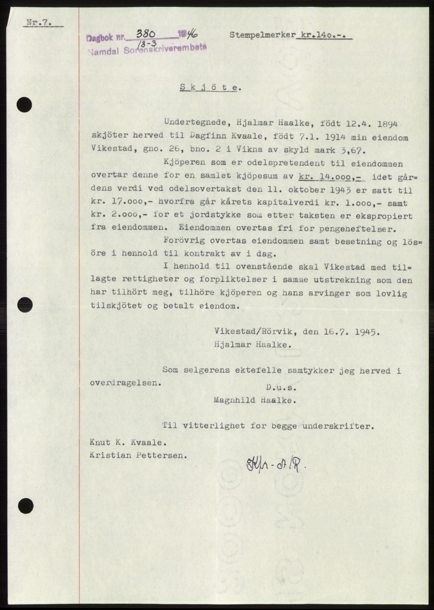 Namdal sorenskriveri, SAT/A-4133/1/2/2C: Pantebok nr. -, 1946-1946, Dagboknr: 380/1946