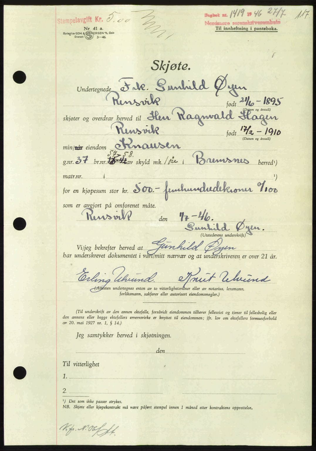 Nordmøre sorenskriveri, AV/SAT-A-4132/1/2/2Ca: Pantebok nr. A102, 1946-1946, Dagboknr: 1419/1946