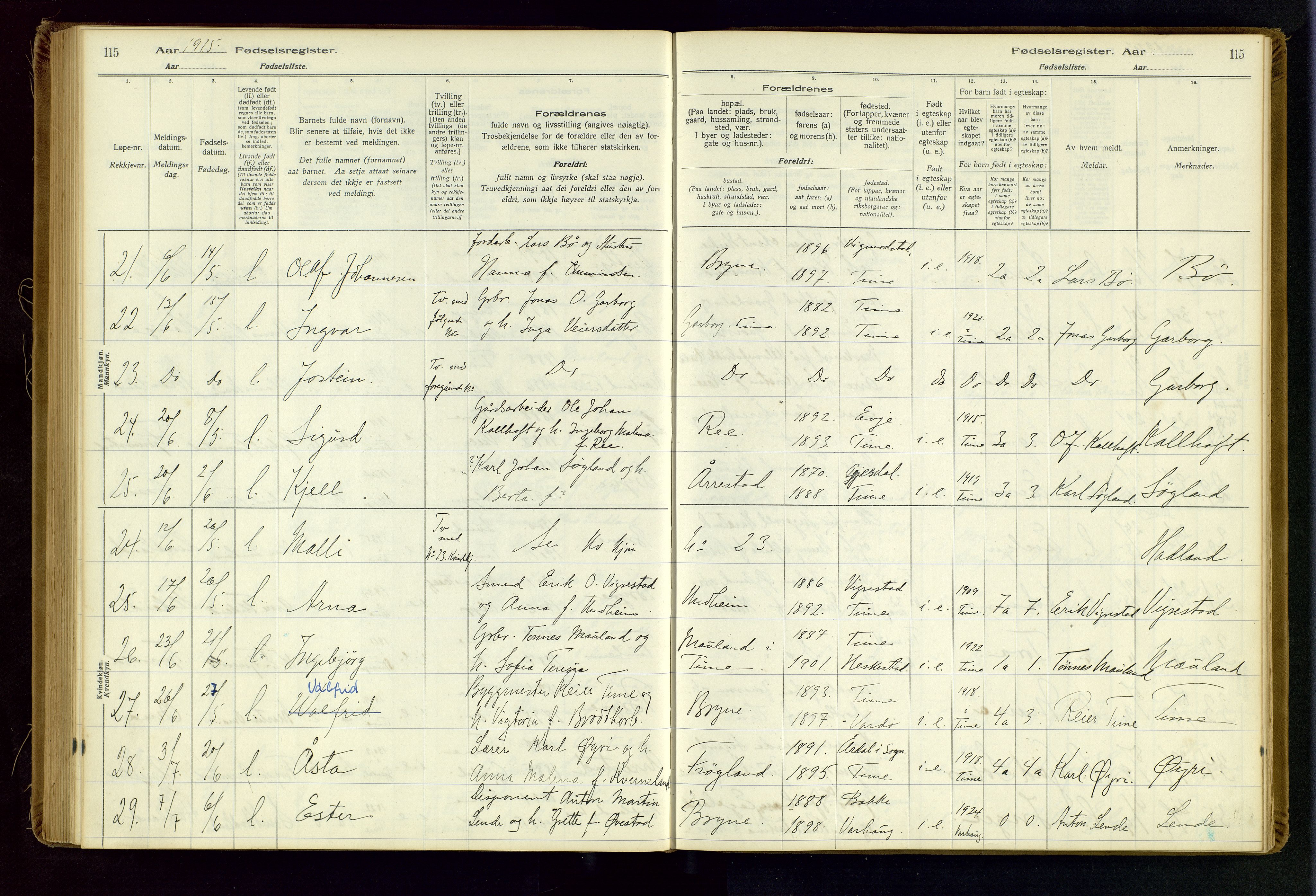 Time sokneprestkontor, AV/SAST-A-101795/001/704BA/L0001: Fødselsregister nr. 1, 1916-1934, s. 115