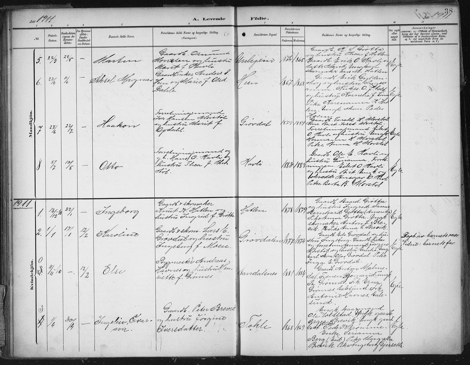 Ministerialprotokoller, klokkerbøker og fødselsregistre - Møre og Romsdal, SAT/A-1454/545/L0589: Klokkerbok nr. 545C03, 1902-1937, s. 38