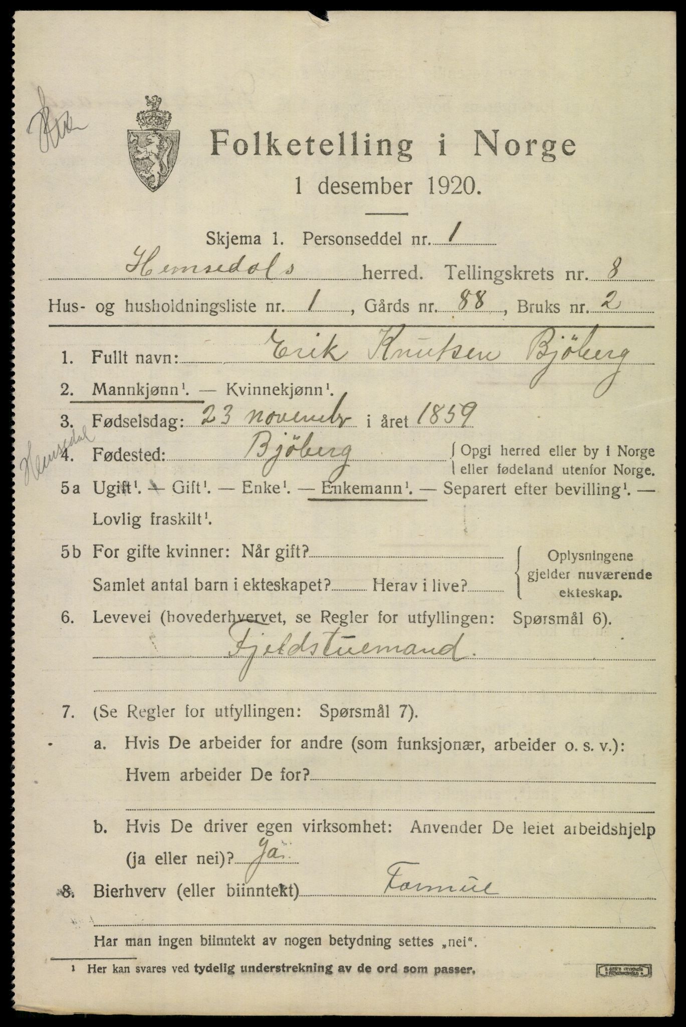 SAKO, Folketelling 1920 for 0618 Hemsedal herred, 1920, s. 3108