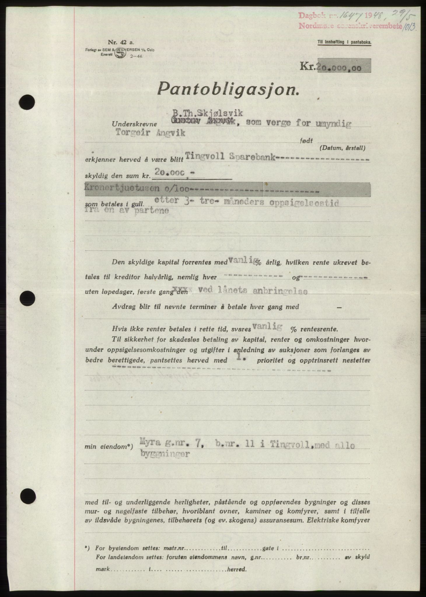 Nordmøre sorenskriveri, SAT/A-4132/1/2/2Ca: Pantebok nr. B98, 1948-1948, Dagboknr: 1647/1948