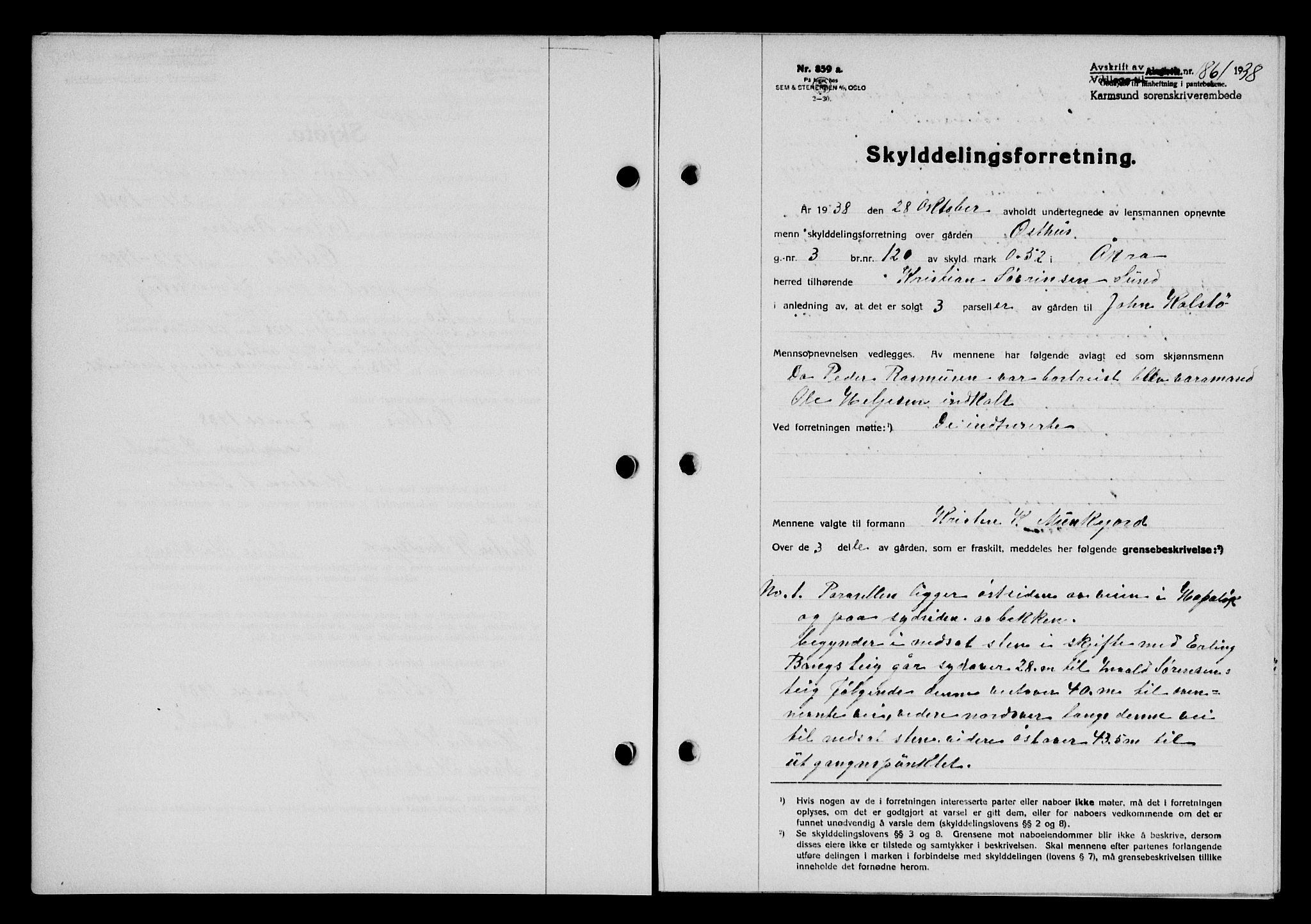 Karmsund sorenskriveri, SAST/A-100311/01/II/IIB/L0070: Pantebok nr. 51A, 1938-1939, Dagboknr: 1861/1938