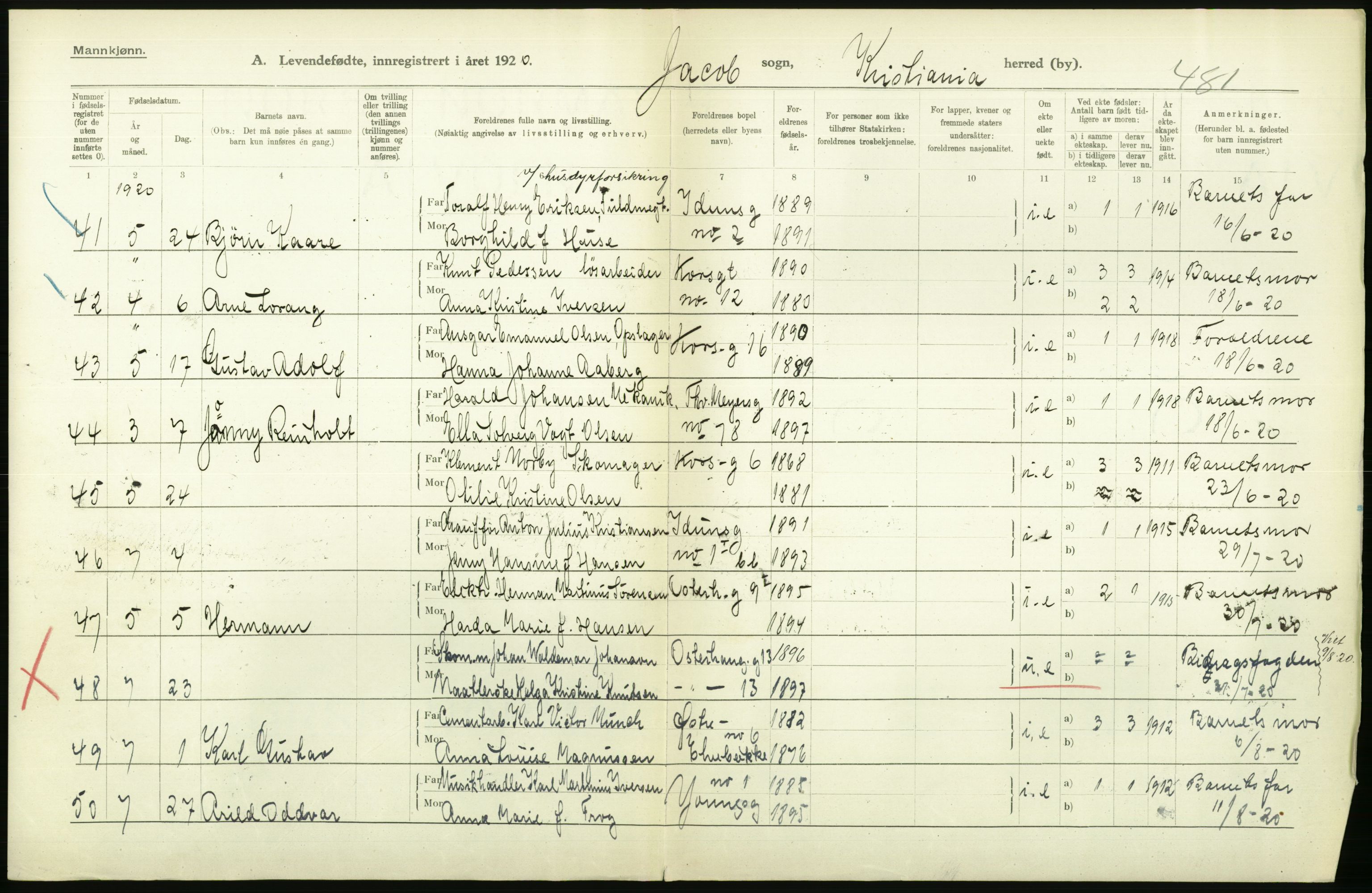 Statistisk sentralbyrå, Sosiodemografiske emner, Befolkning, AV/RA-S-2228/D/Df/Dfb/Dfbj/L0008: Kristiania: Levendefødte menn og kvinner., 1920, s. 502