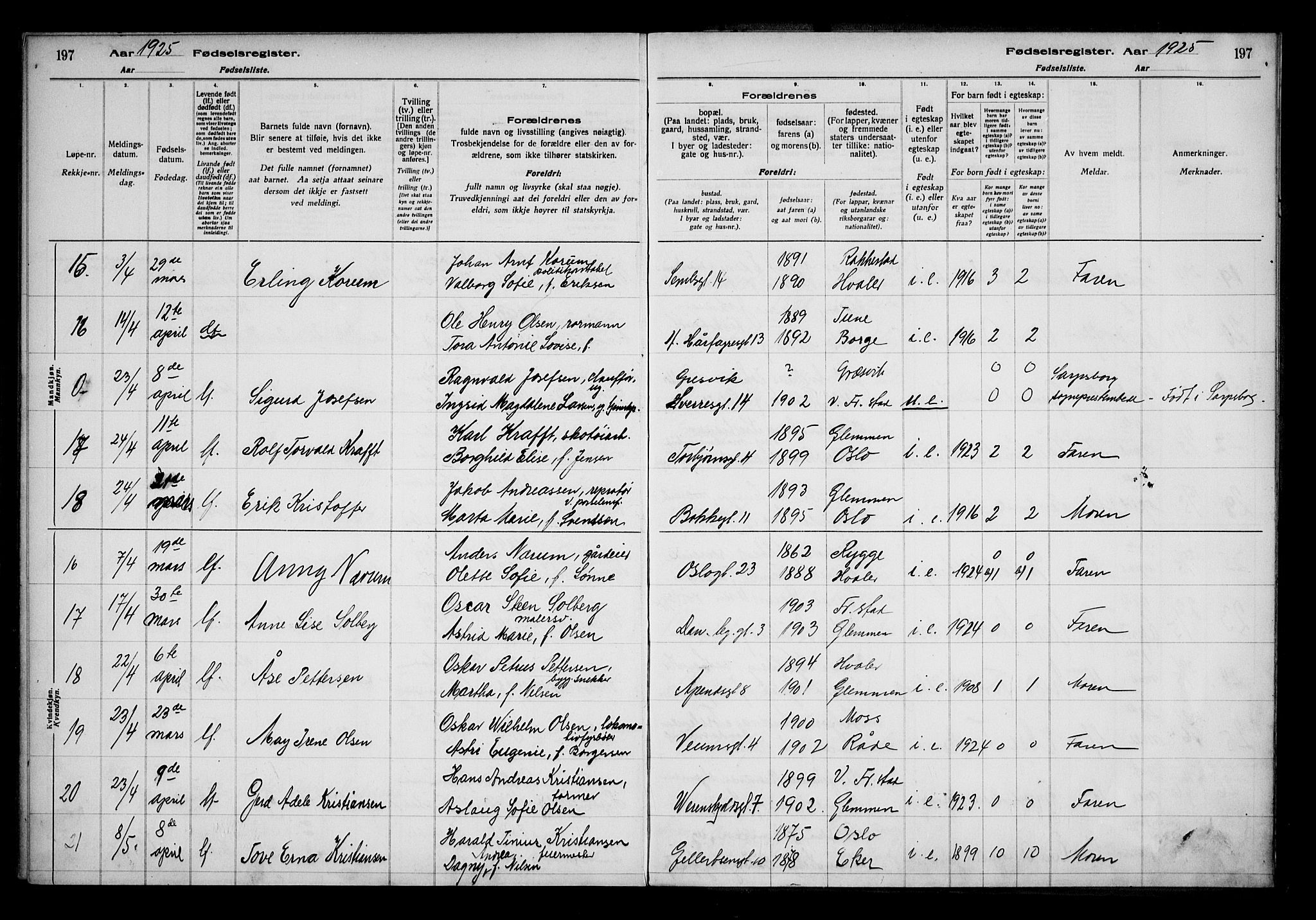 Fredrikstad domkirkes prestekontor Kirkebøker, AV/SAO-A-10906/J/*Ja/L0001: Fødselsregister nr. 1, 1916-1925, s. 197