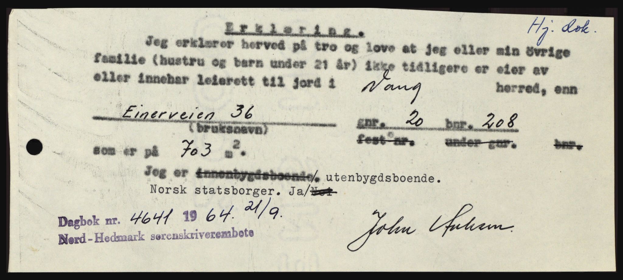 Nord-Hedmark sorenskriveri, SAH/TING-012/H/Hc/L0020: Pantebok nr. 20, 1964-1964, Dagboknr: 4641/1964