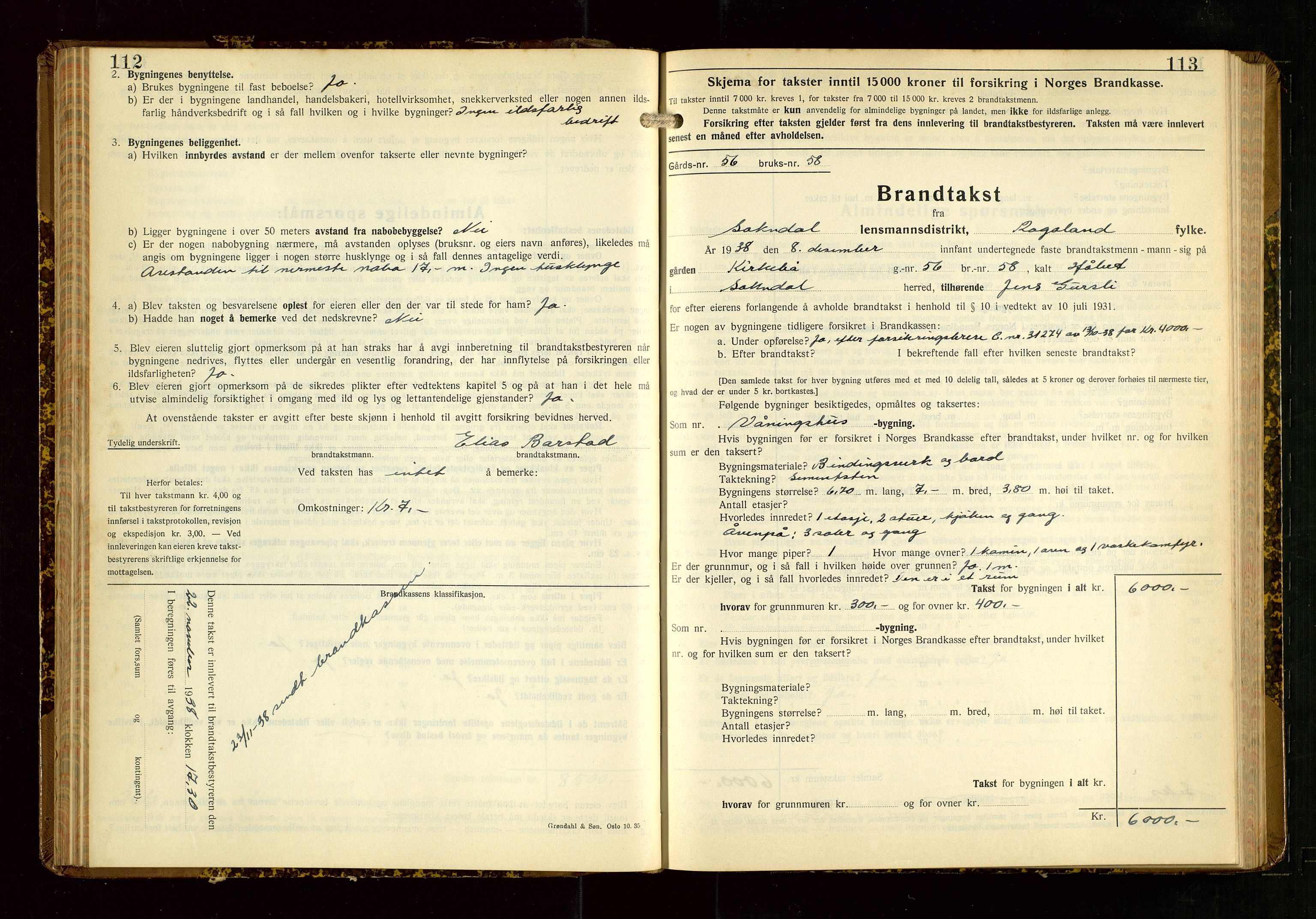Sokndal lensmannskontor, SAST/A-100417/Gob/L0008: "Brandtakst-Protokoll", 1937-1955, s. 112-113