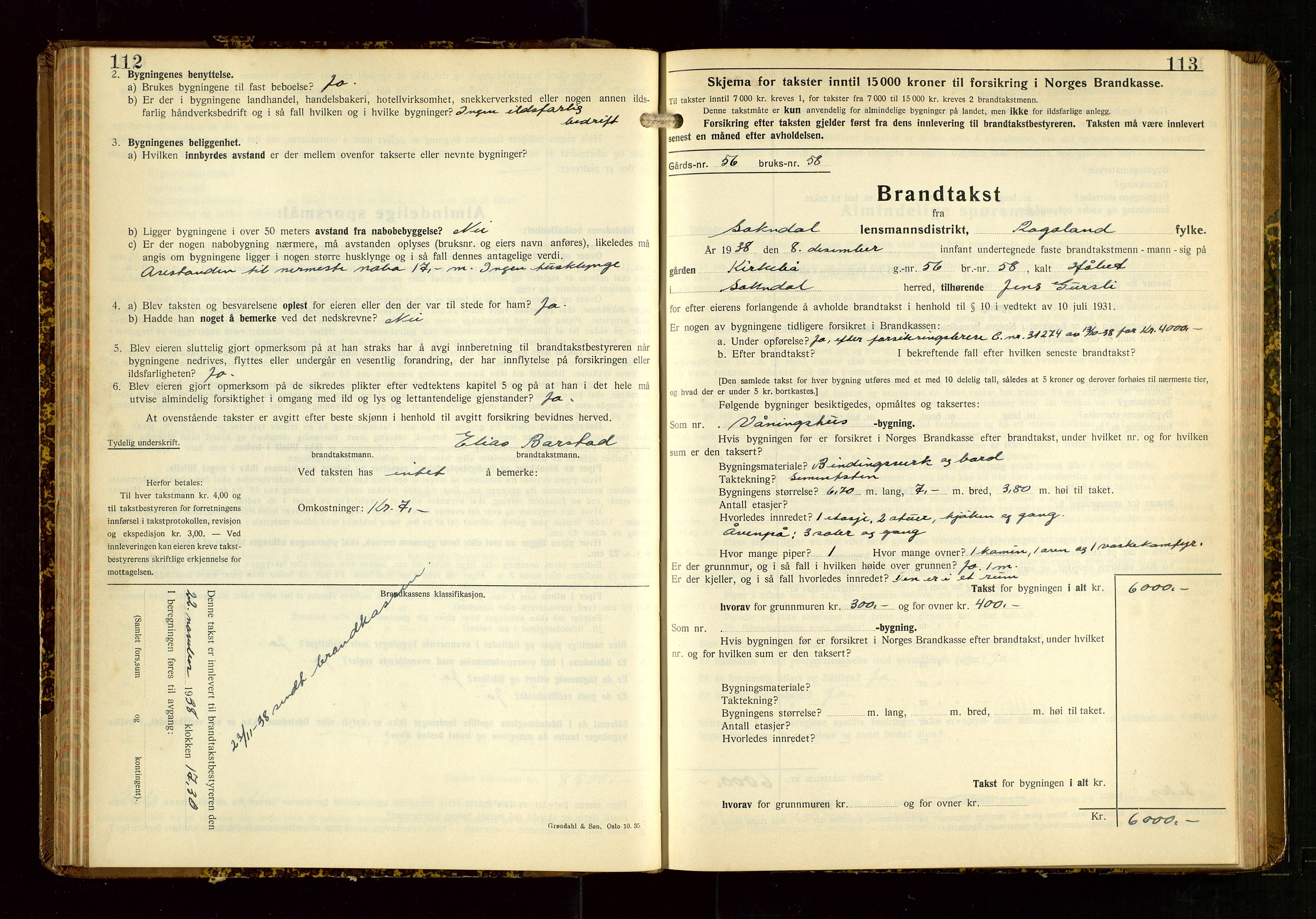 Sokndal lensmannskontor, AV/SAST-A-100417/Gob/L0008: "Brandtakst-Protokoll", 1937-1955, s. 112-113