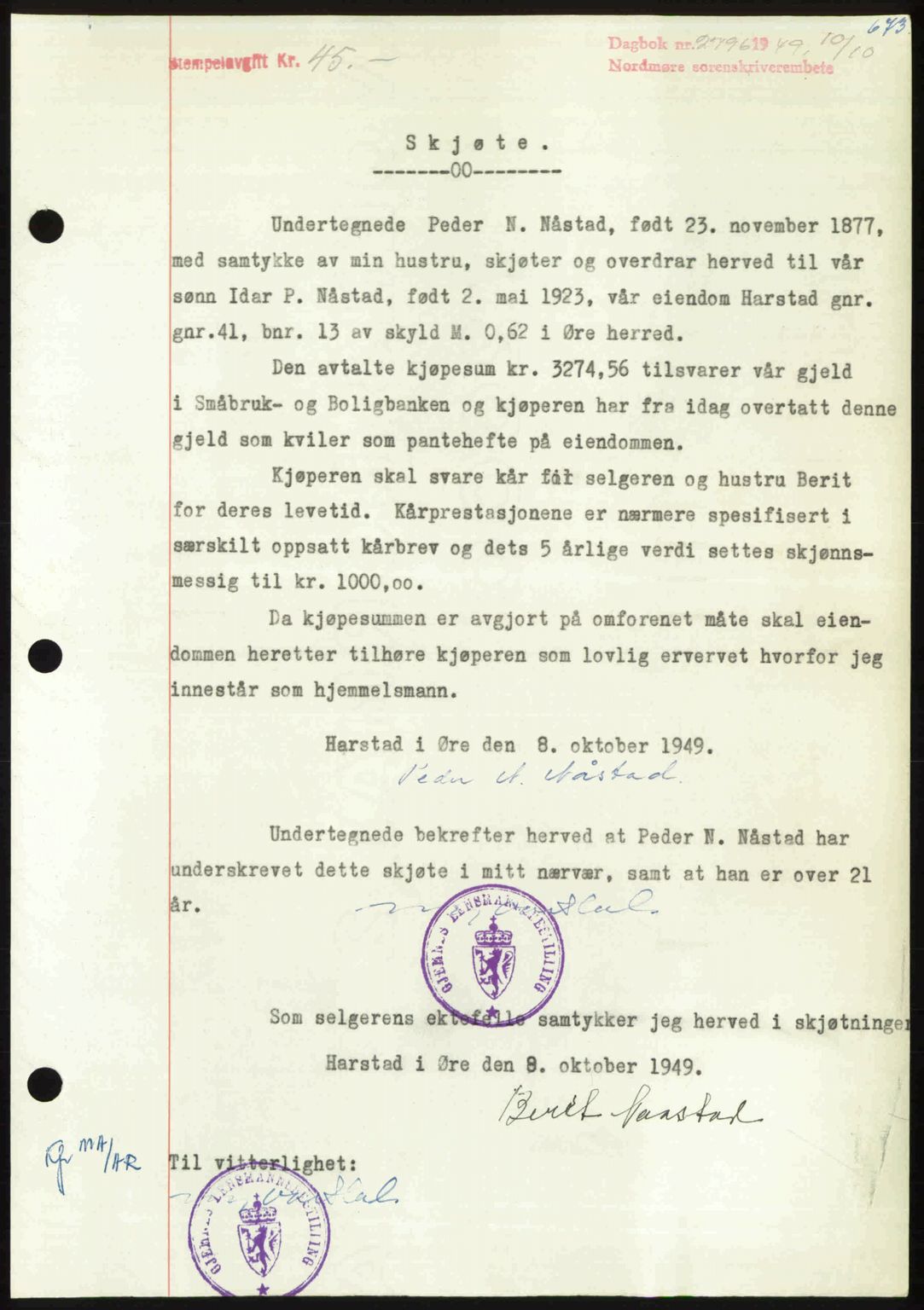 Nordmøre sorenskriveri, SAT/A-4132/1/2/2Ca: Pantebok nr. A112, 1949-1949, Dagboknr: 2796/1949