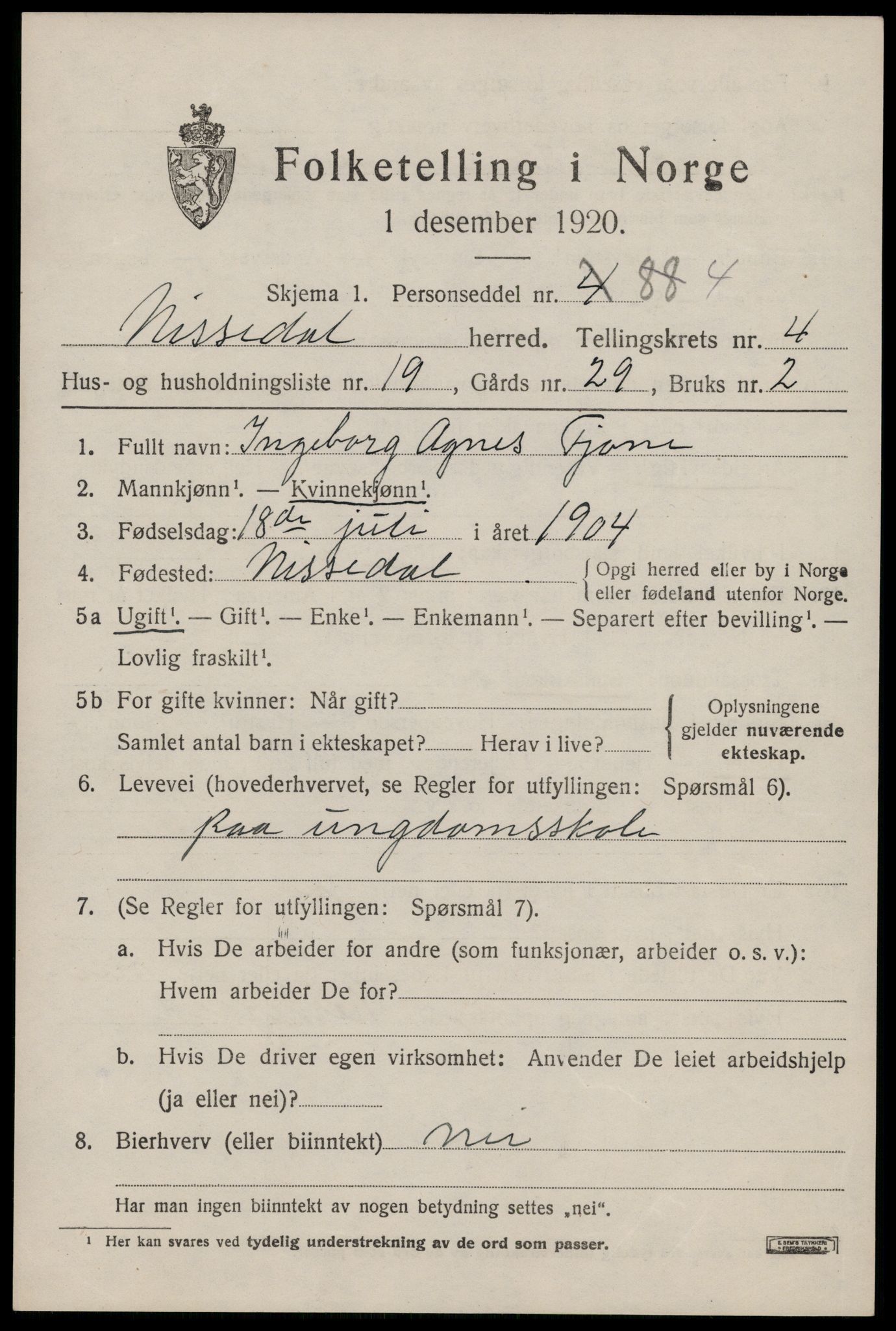 SAKO, Folketelling 1920 for 0830 Nissedal herred, 1920, s. 2003