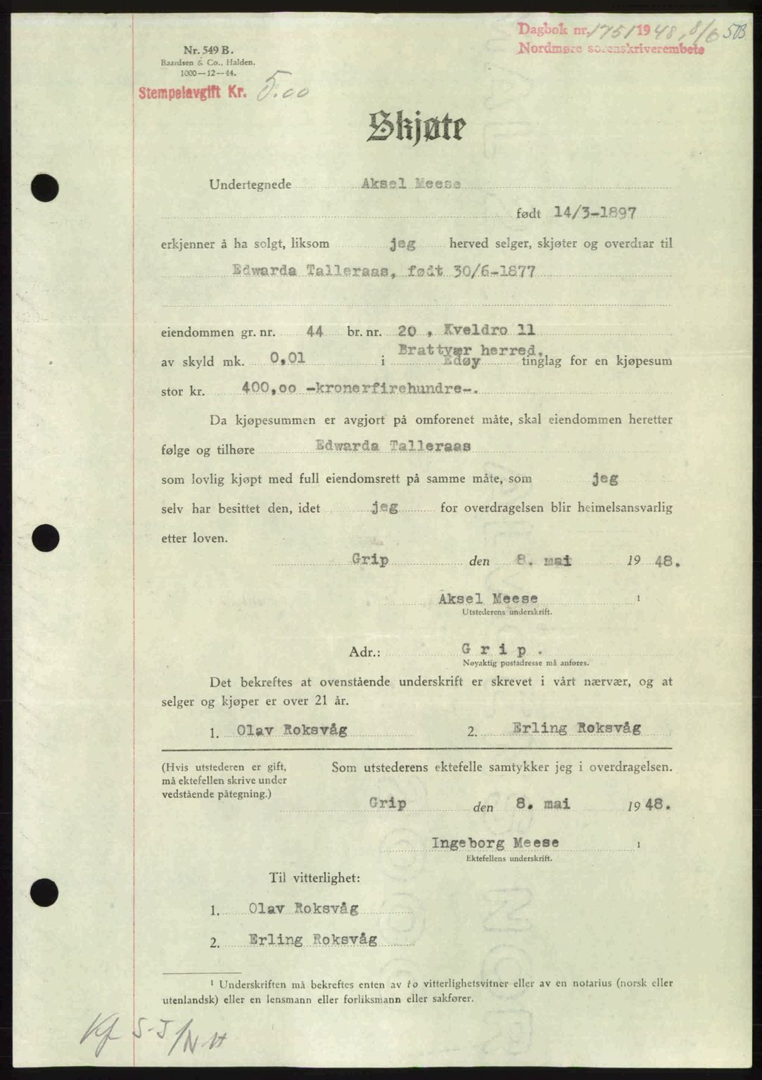 Nordmøre sorenskriveri, SAT/A-4132/1/2/2Ca: Pantebok nr. A108, 1948-1948, Dagboknr: 1751/1948