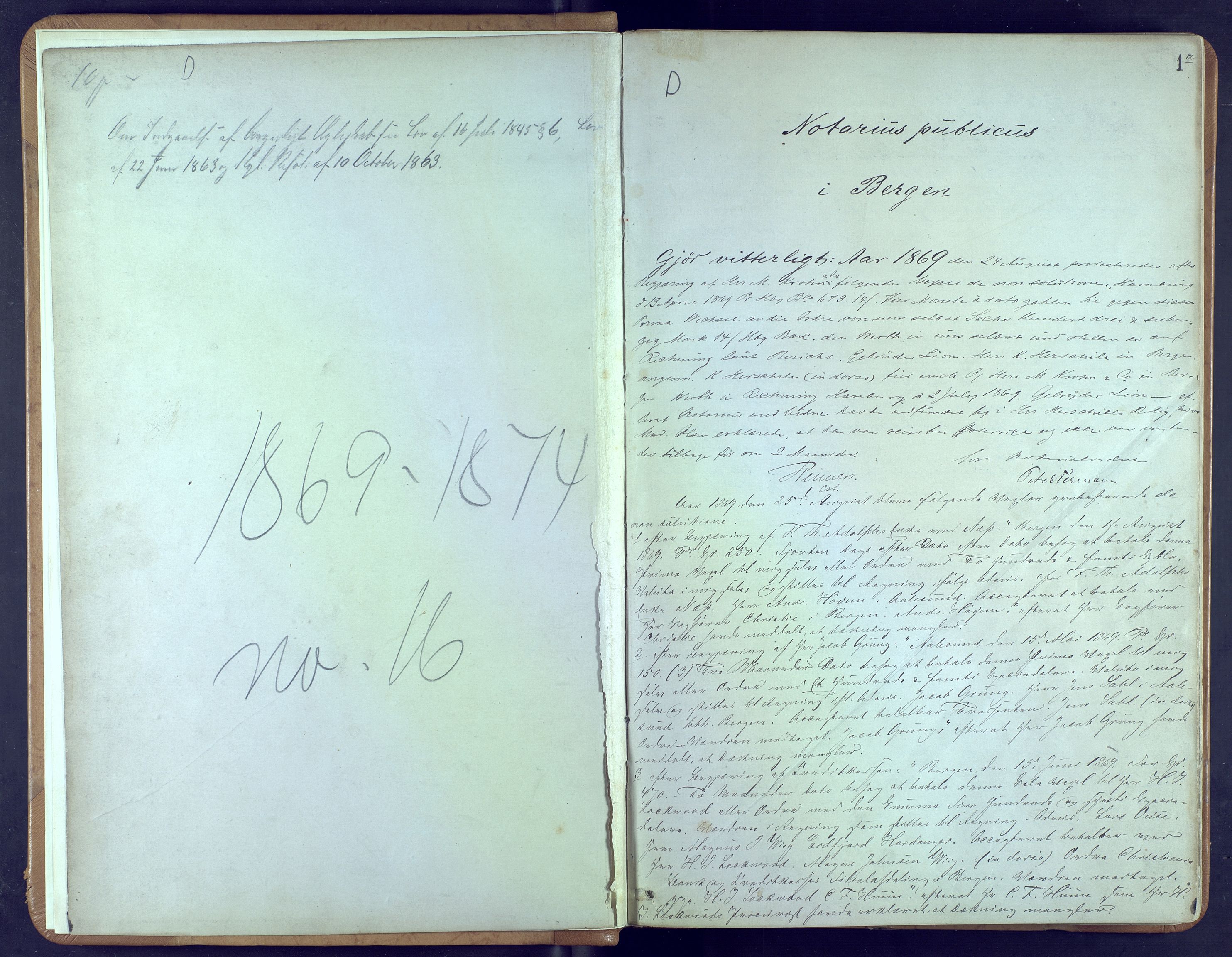 Byfogd og Byskriver i Bergen, SAB/A-3401/10/10A/L0016: Notarialprotokoller, 1869-1874, s. 1a