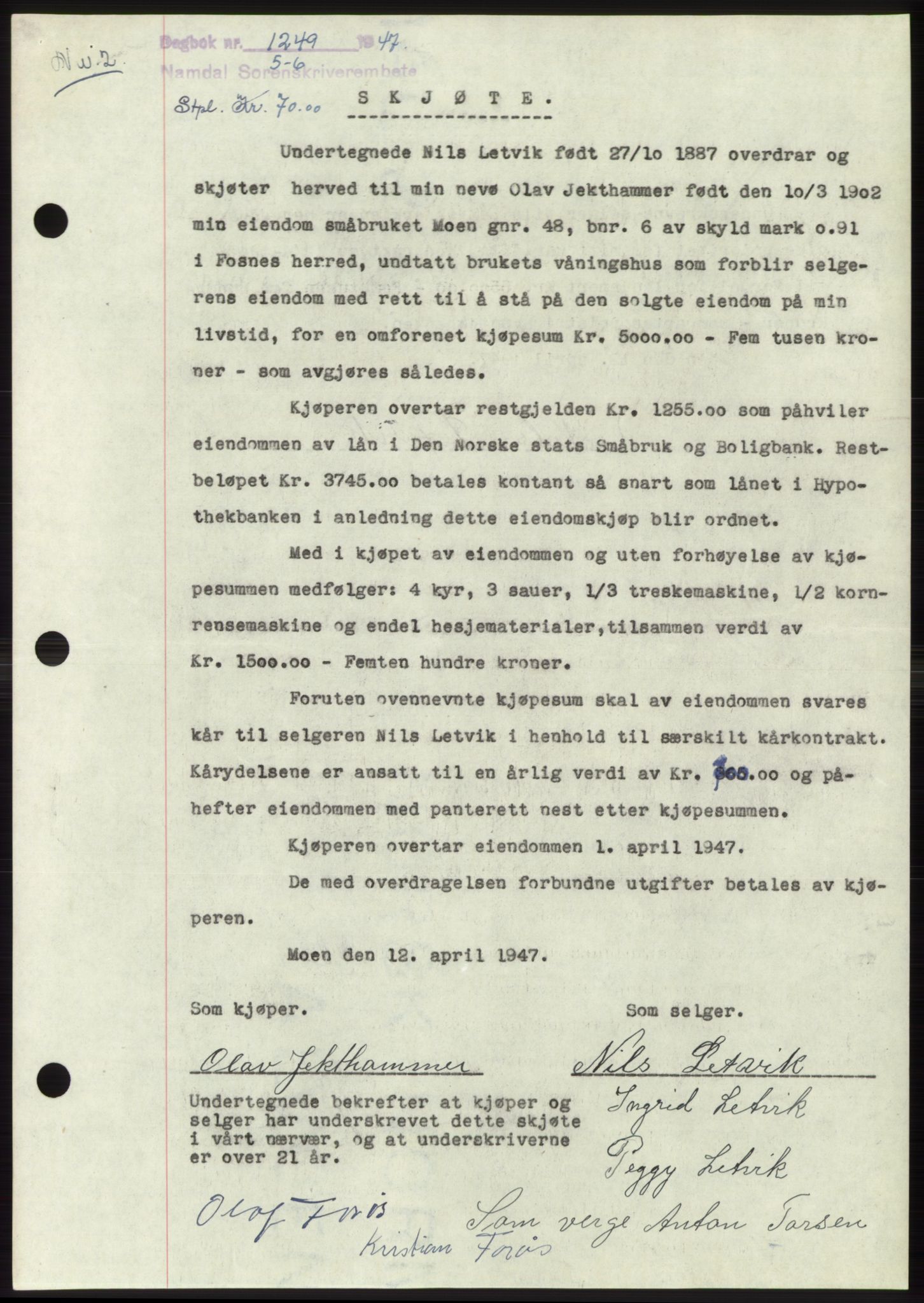 Namdal sorenskriveri, SAT/A-4133/1/2/2C: Pantebok nr. -, 1947-1947, Dagboknr: 1249/1947