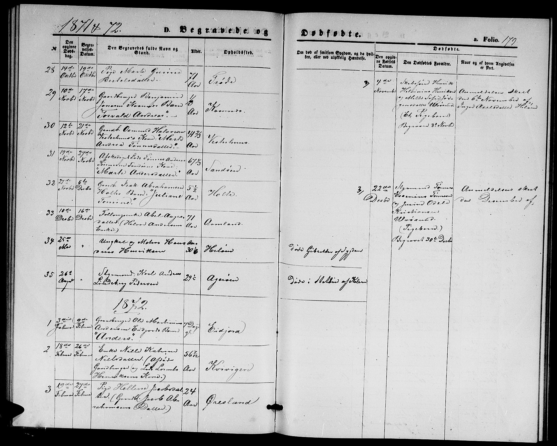 Høvåg sokneprestkontor, AV/SAK-1111-0025/F/Fb/L0003: Klokkerbok nr. B 3, 1870-1882, s. 179