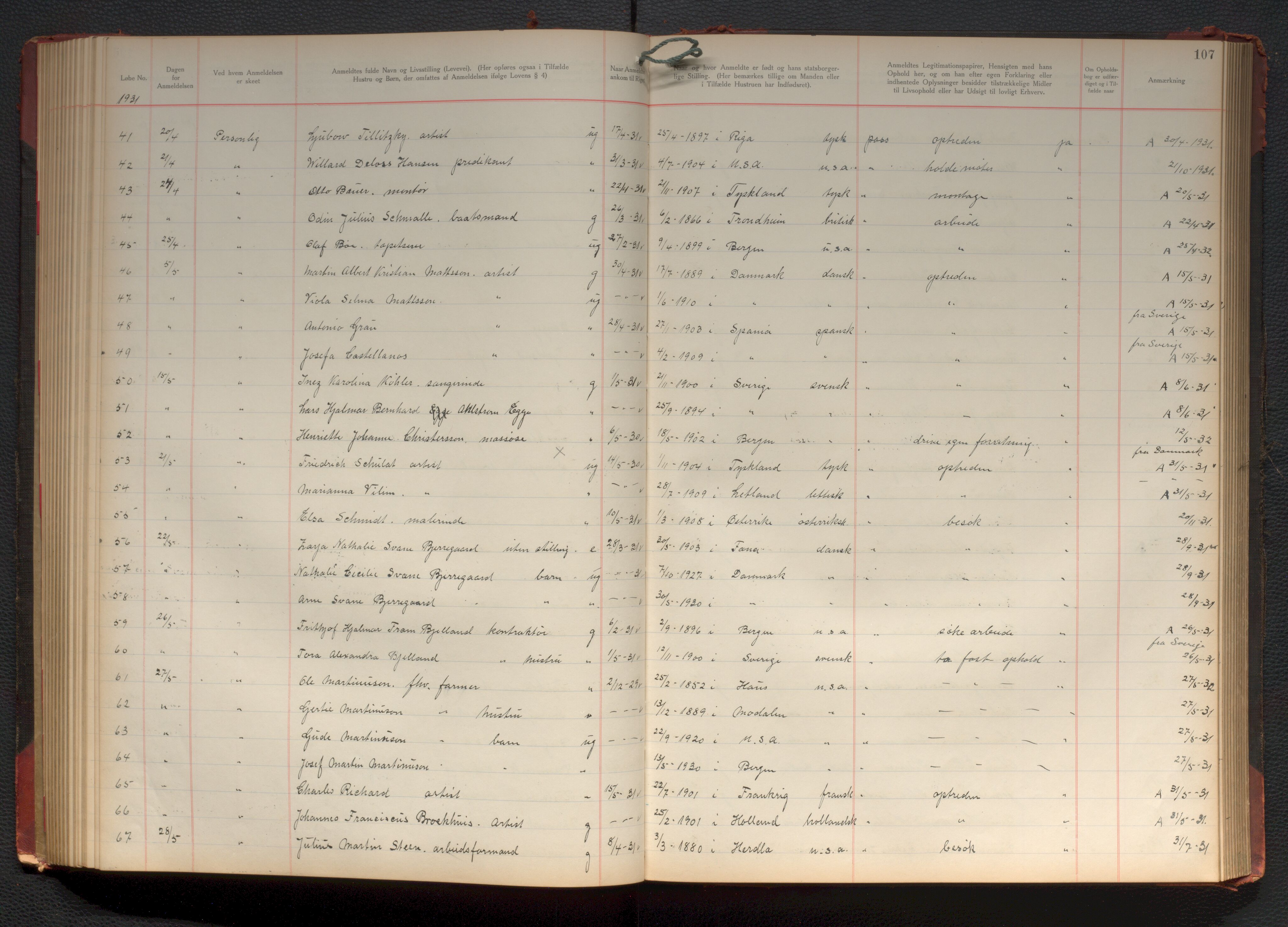 Bergen politikammer / politidistrikt, AV/SAB-A-60401/J.d/L0004: Fremmedprotokoll, 1925-1936, s. 107