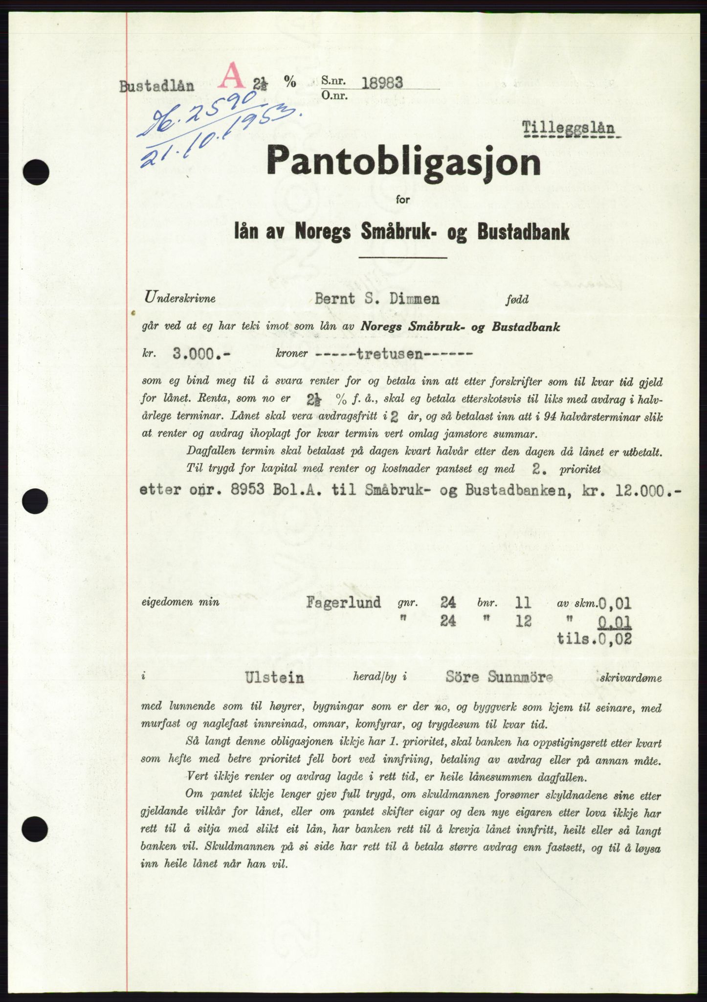 Søre Sunnmøre sorenskriveri, AV/SAT-A-4122/1/2/2C/L0124: Pantebok nr. 12B, 1953-1954, Dagboknr: 2590/1953