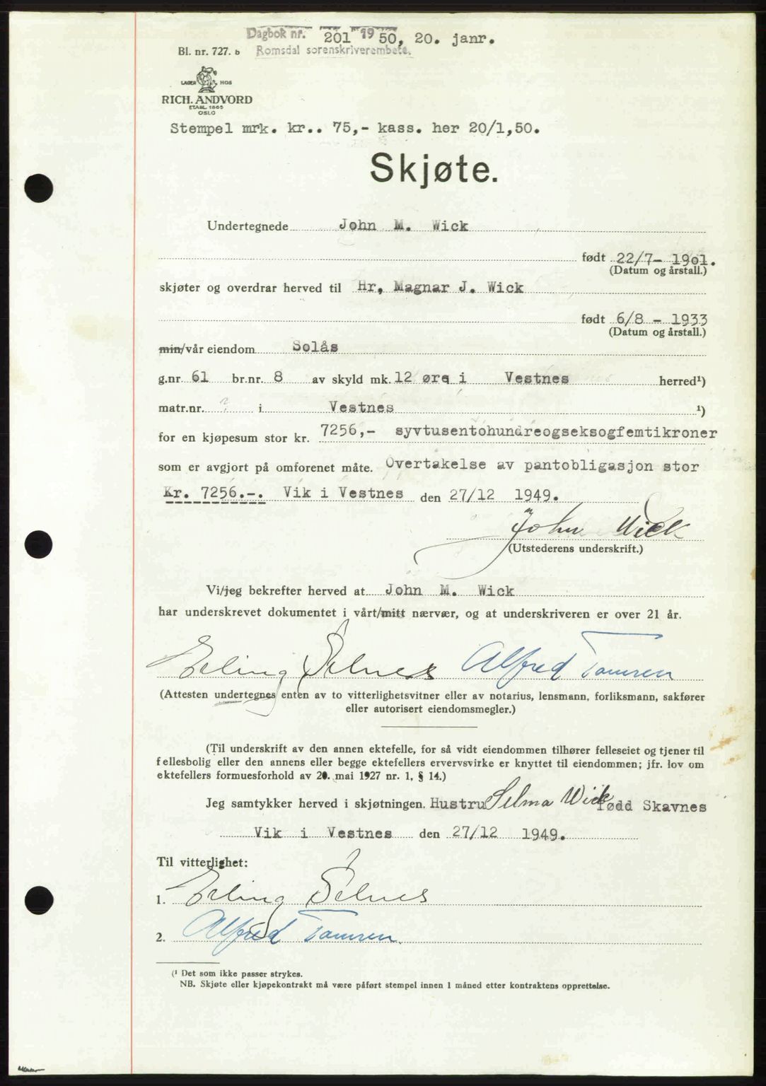 Romsdal sorenskriveri, SAT/A-4149/1/2/2C: Pantebok nr. A32, 1950-1950, Dagboknr: 201/1950
