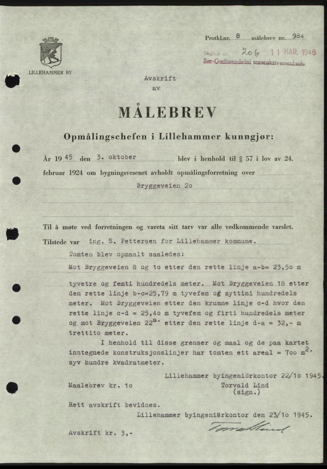 Sør-Gudbrandsdal tingrett, SAH/TING-004/H/Hb/Hbd/L0015: Pantebok nr. A15, 1945-1946, Dagboknr: 206/1946