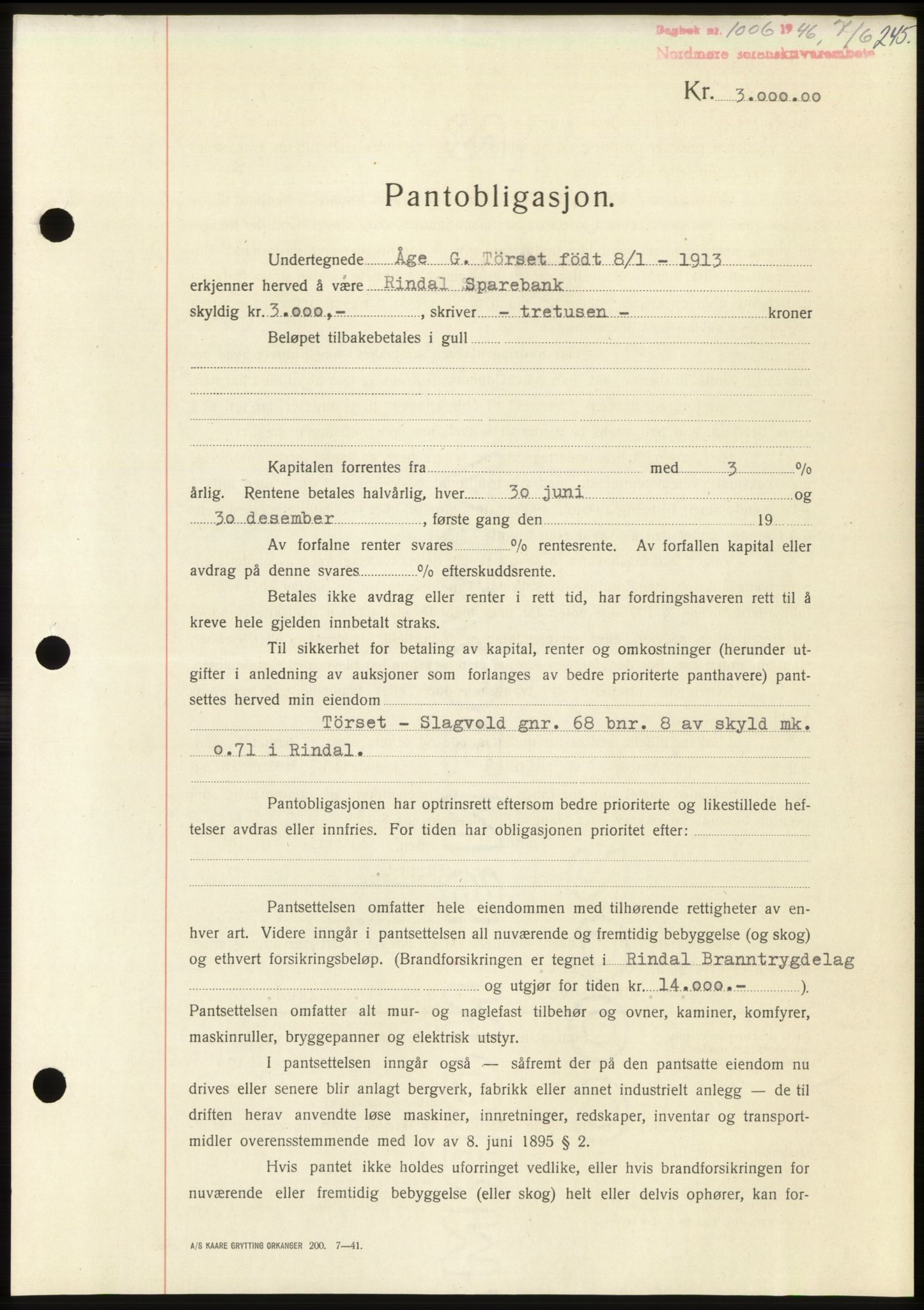 Nordmøre sorenskriveri, SAT/A-4132/1/2/2Ca: Pantebok nr. B94, 1946-1946, Dagboknr: 1006/1946