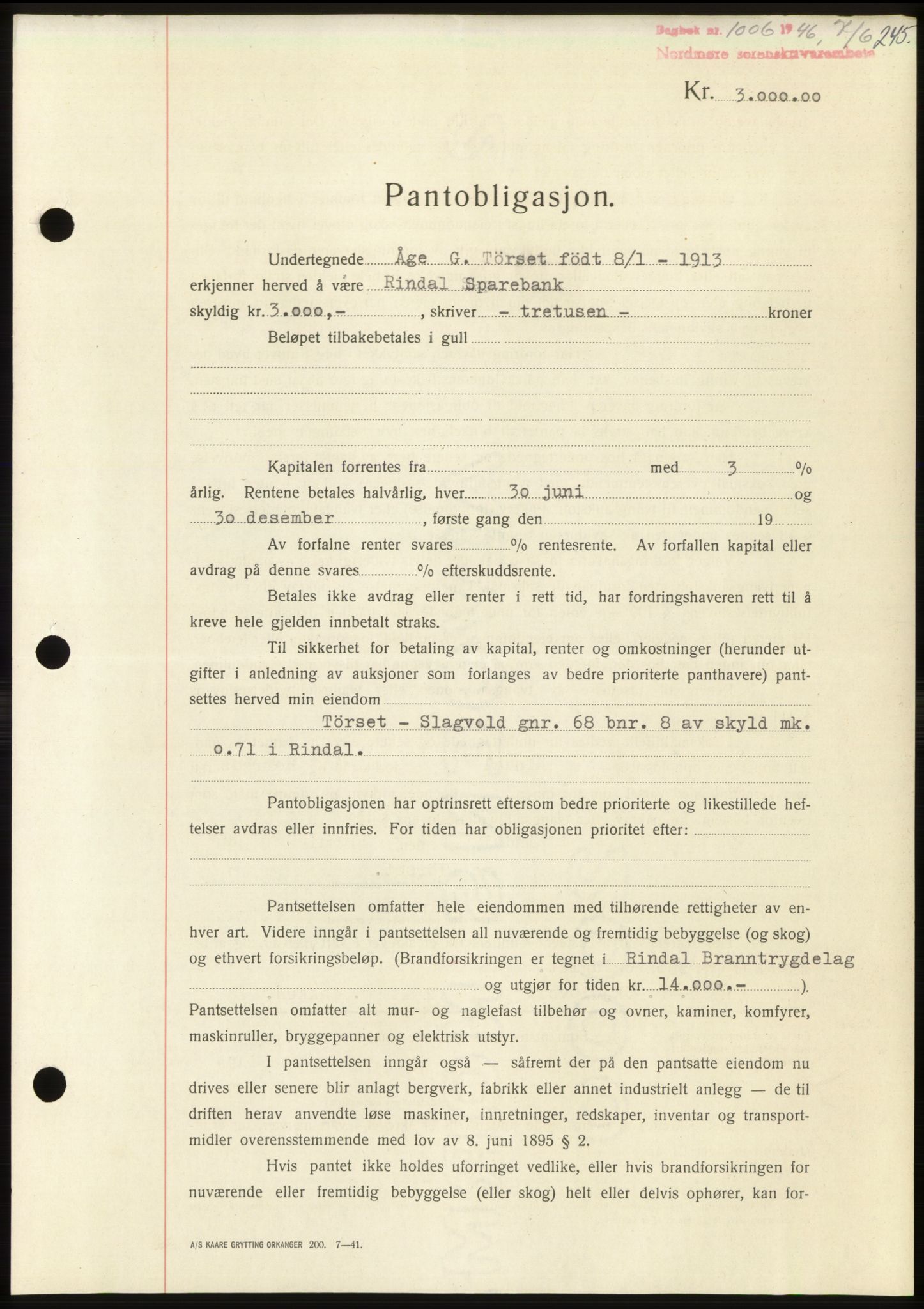 Nordmøre sorenskriveri, AV/SAT-A-4132/1/2/2Ca: Pantebok nr. B94, 1946-1946, Dagboknr: 1006/1946