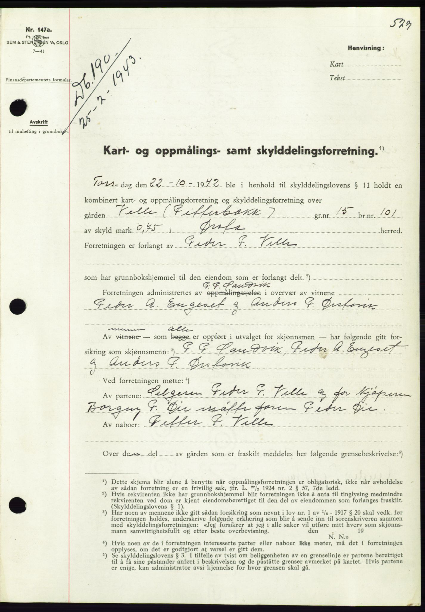 Søre Sunnmøre sorenskriveri, SAT/A-4122/1/2/2C/L0074: Pantebok nr. 68, 1942-1943, Dagboknr: 190/1943