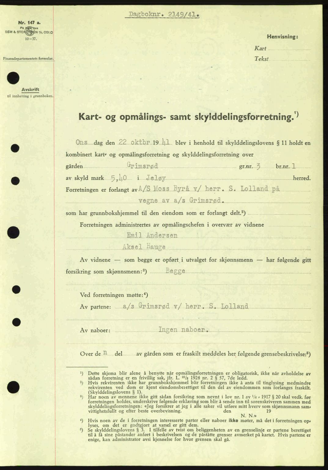 Moss sorenskriveri, SAO/A-10168: Pantebok nr. A9, 1941-1942, Dagboknr: 2149/1941