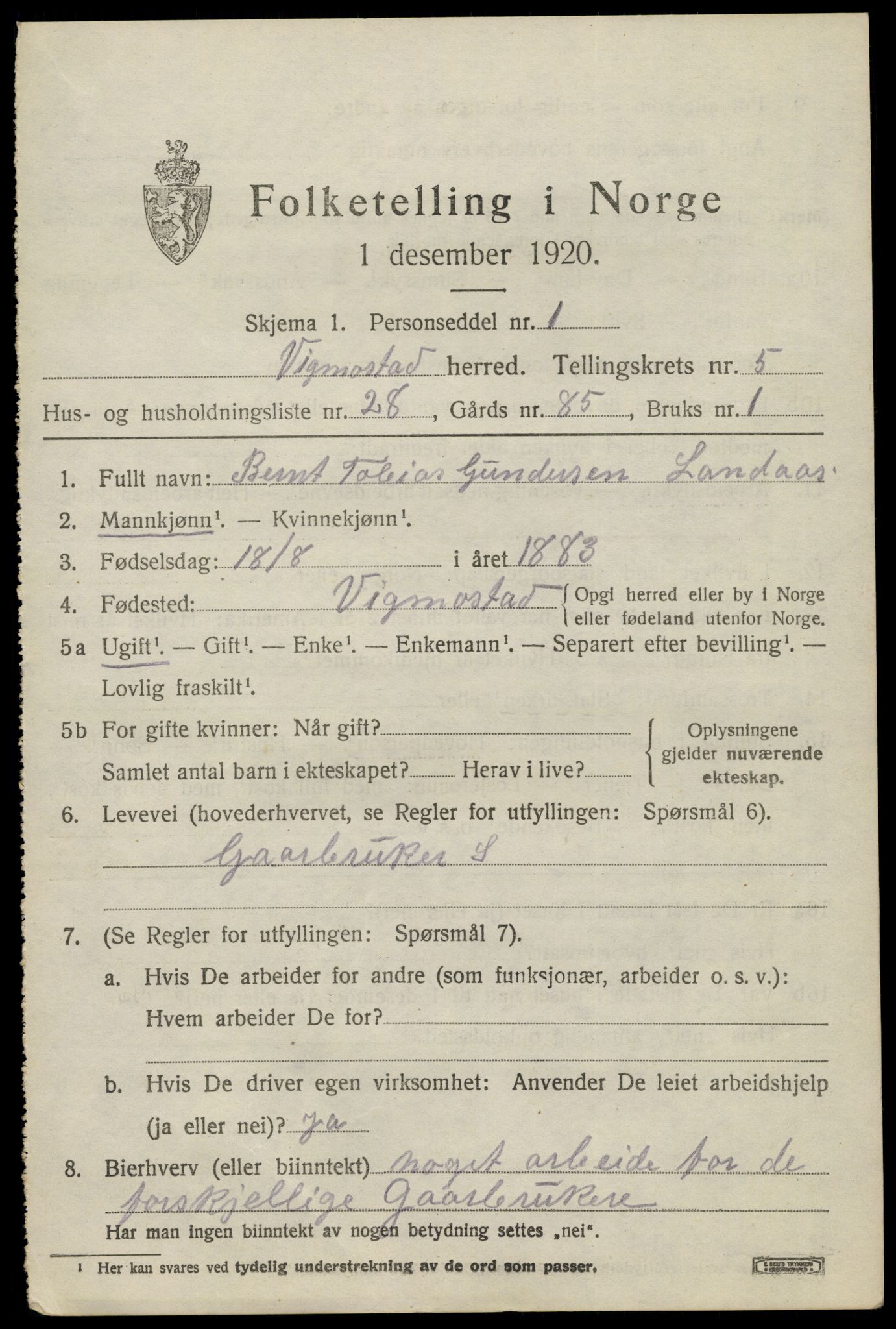 SAK, Folketelling 1920 for 1028 Vigmostad herred, 1920, s. 1925