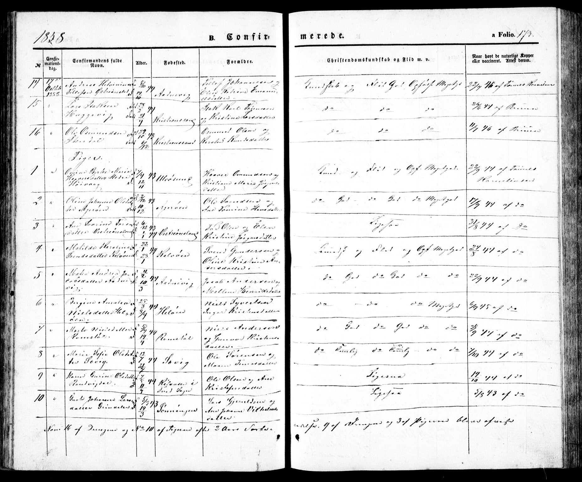 Høvåg sokneprestkontor, SAK/1111-0025/F/Fb/L0002: Klokkerbok nr. B 2, 1847-1869, s. 173