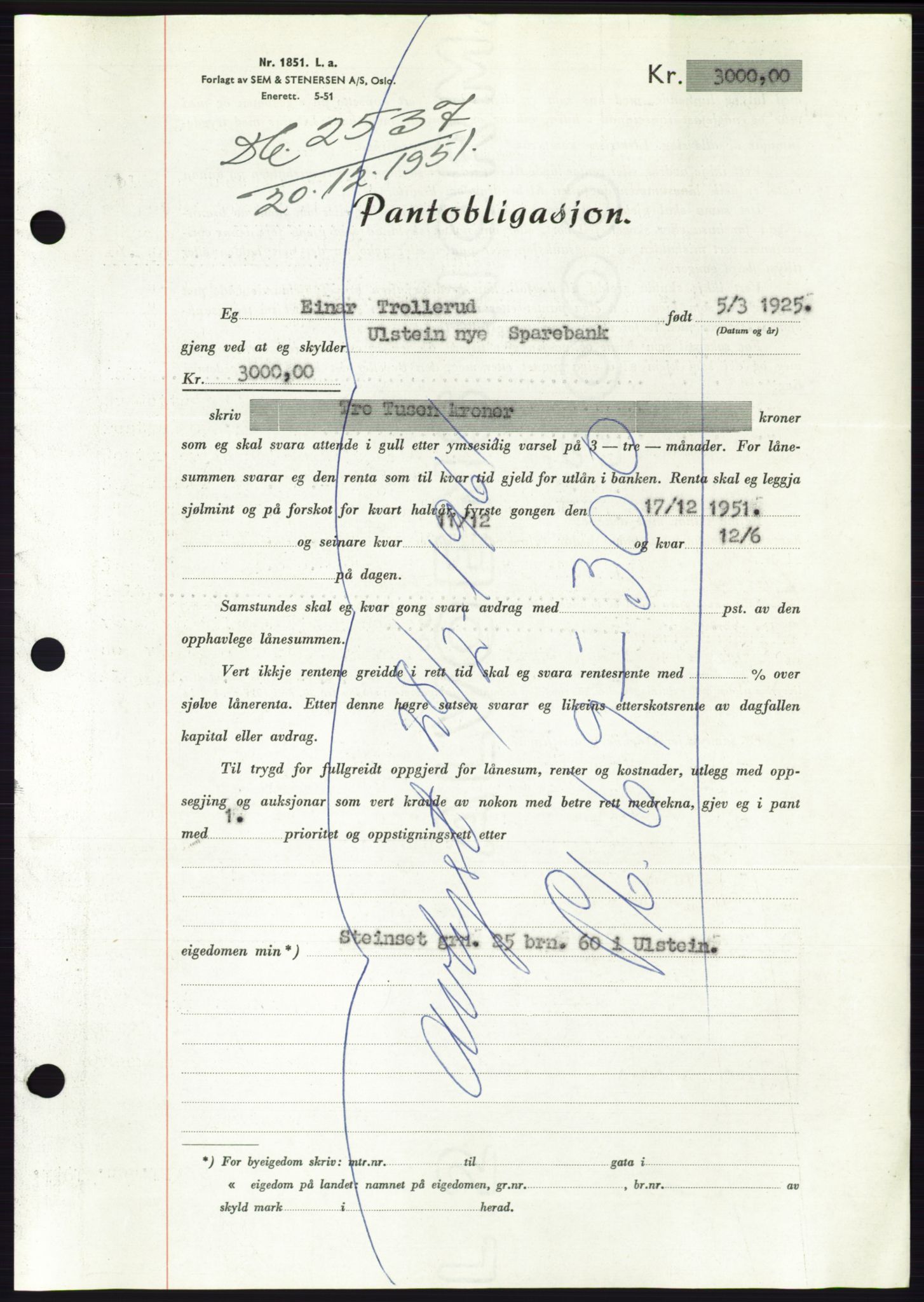 Søre Sunnmøre sorenskriveri, AV/SAT-A-4122/1/2/2C/L0121: Pantebok nr. 9B, 1951-1952, Dagboknr: 2537/1951
