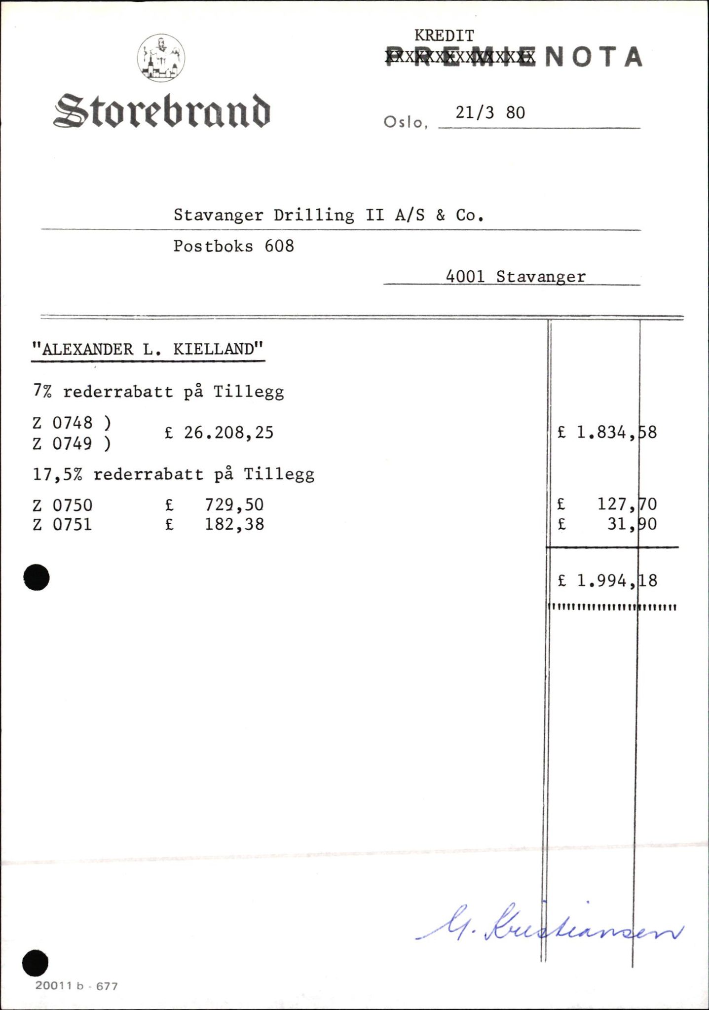 Pa 1503 - Stavanger Drilling AS, AV/SAST-A-101906/2/E/Eb/Eba/L0023: Alexander L. Kielland forsikring, 1976-1980