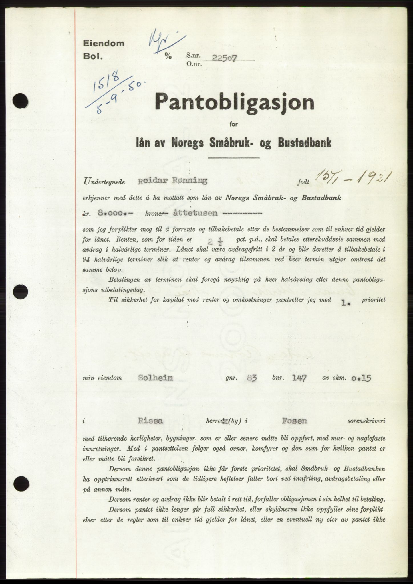Fosen sorenskriveri, AV/SAT-A-1107/1/2/2C: Pantebok nr. B, 1948-1950, Dagboknr: 1518/1950