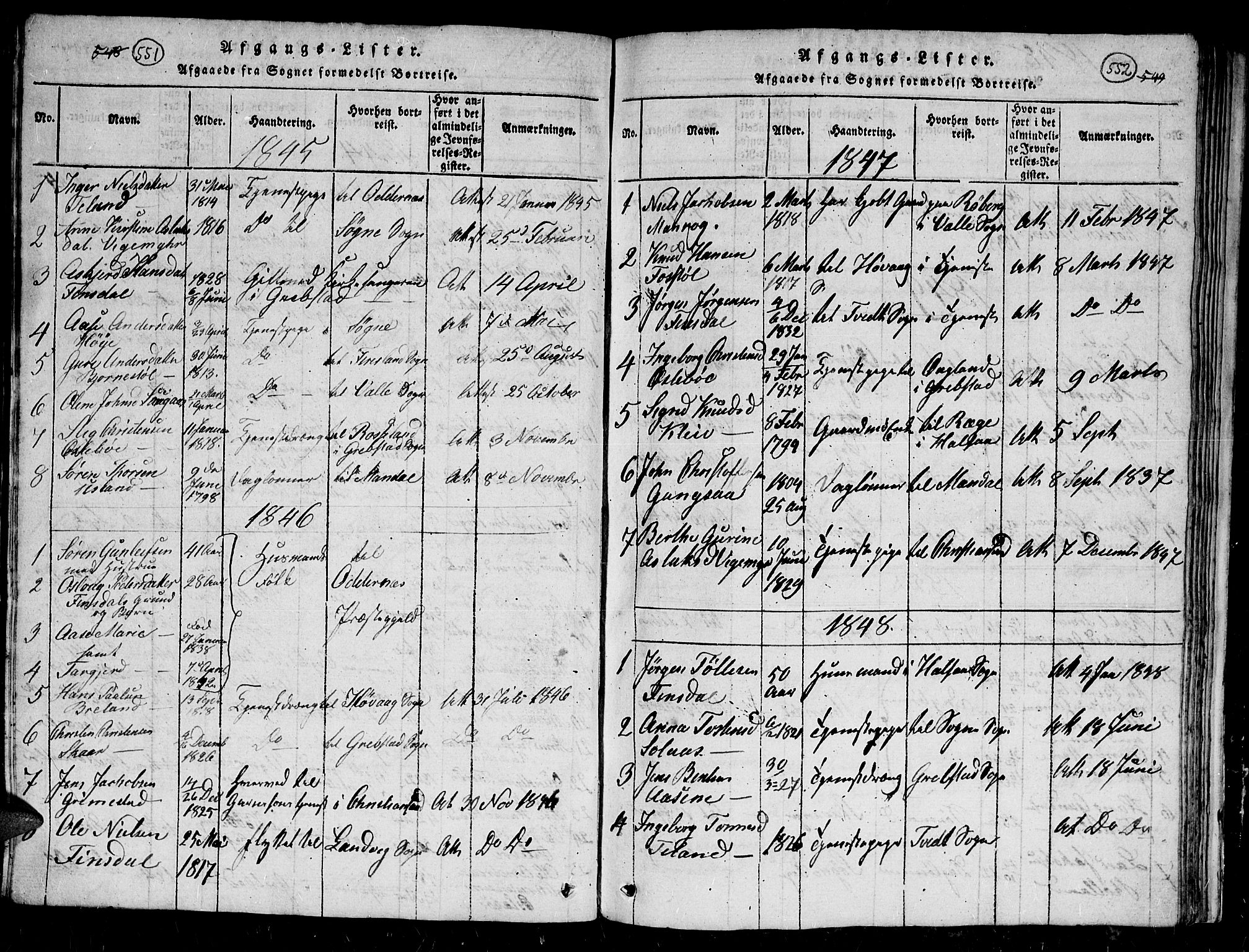 Holum sokneprestkontor, AV/SAK-1111-0022/F/Fb/Fbc/L0001: Klokkerbok nr. B 1, 1820-1859, s. 551-552