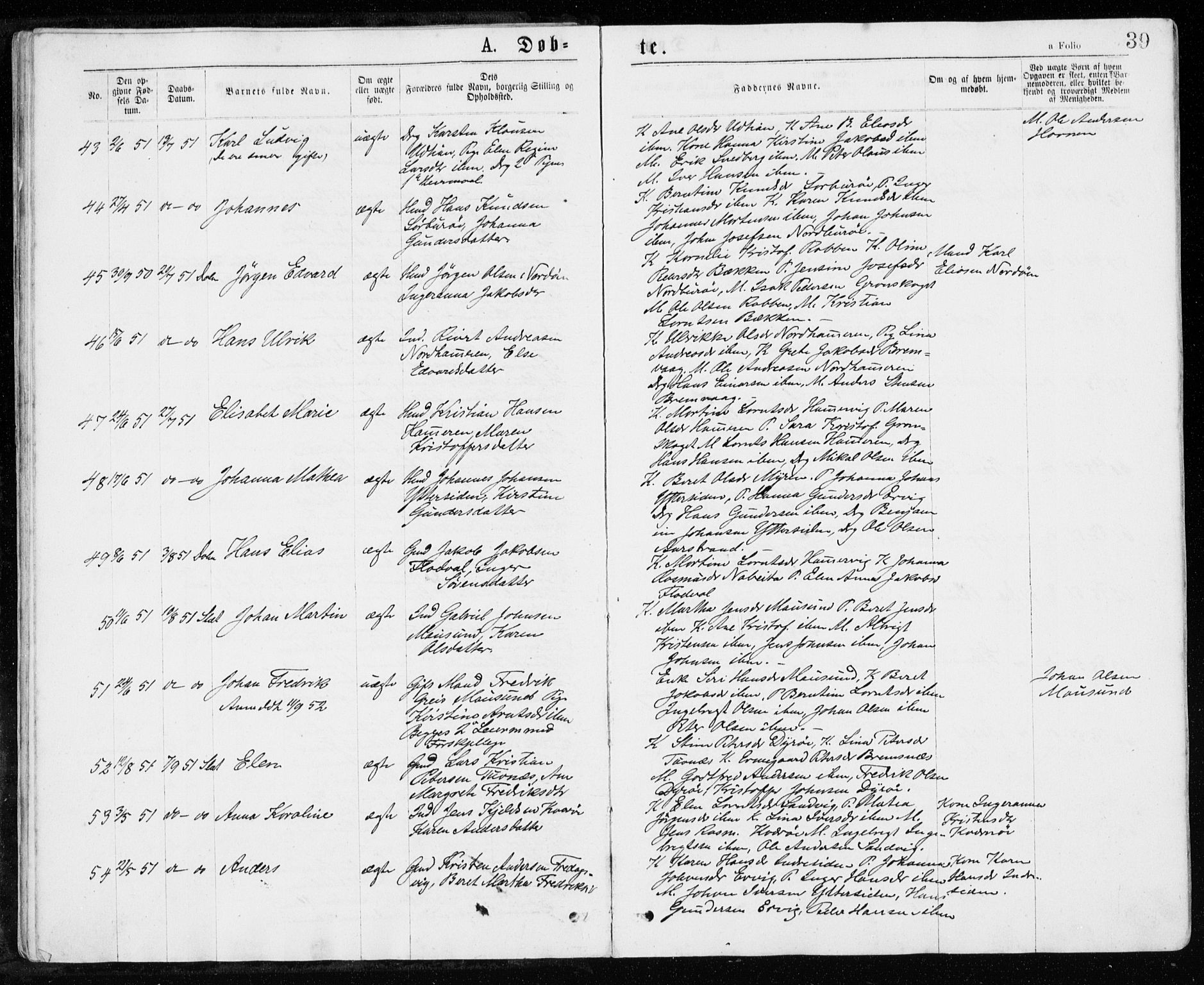 Ministerialprotokoller, klokkerbøker og fødselsregistre - Sør-Trøndelag, SAT/A-1456/640/L0576: Ministerialbok nr. 640A01, 1846-1876, s. 39