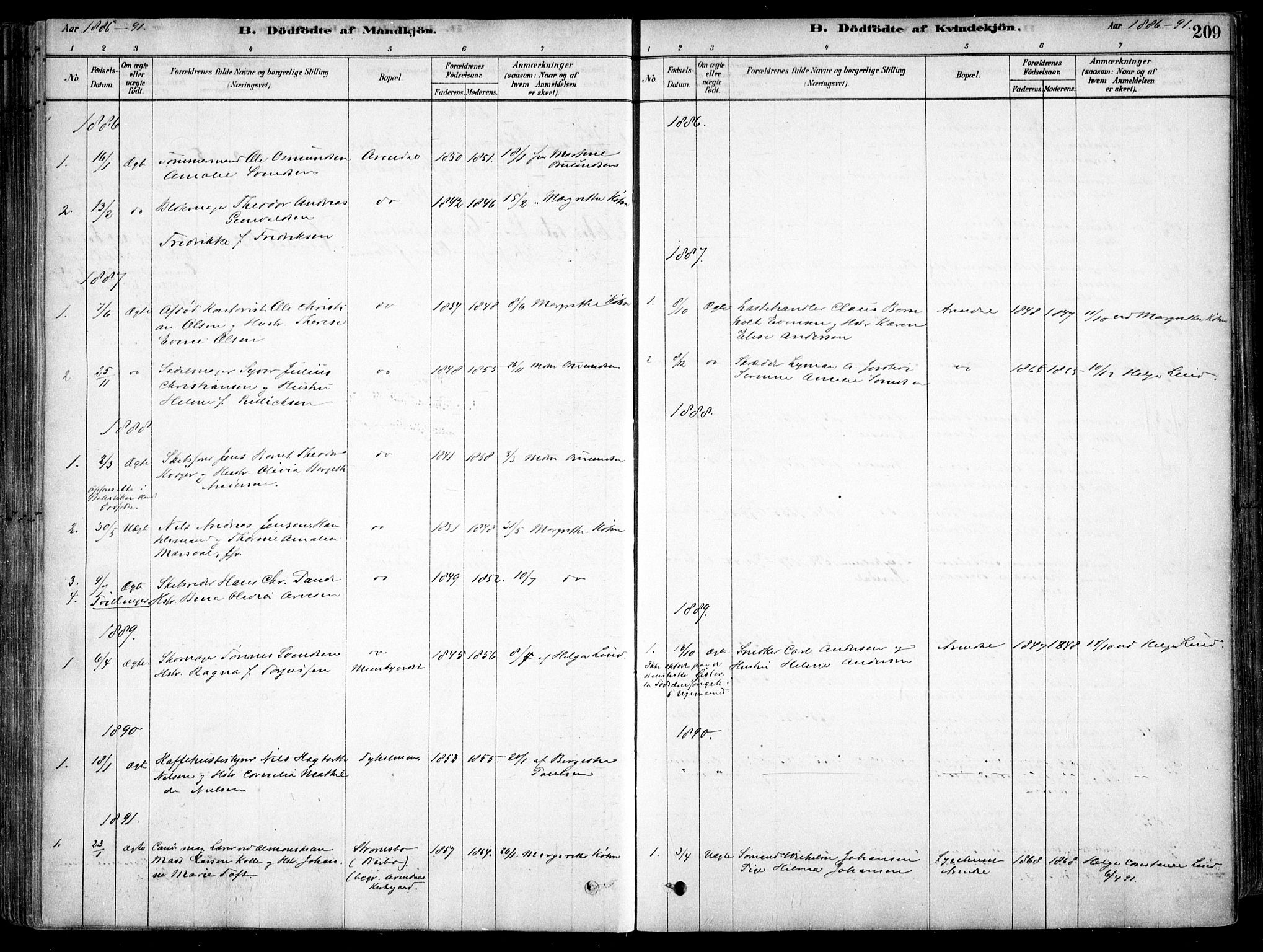 Arendal sokneprestkontor, Trefoldighet, SAK/1111-0040/F/Fa/L0008: Ministerialbok nr. A 8, 1878-1899, s. 209