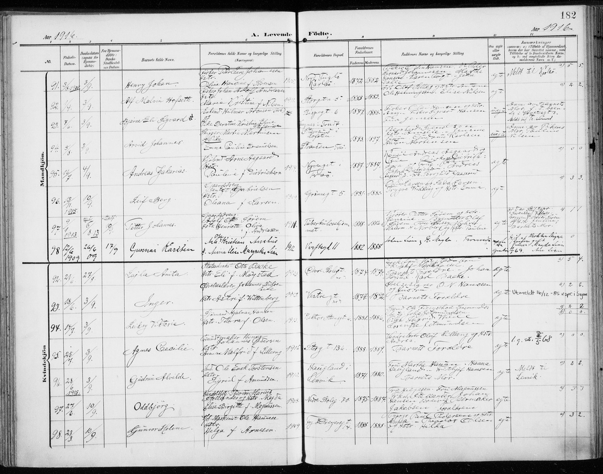 Tromsø sokneprestkontor/stiftsprosti/domprosti, AV/SATØ-S-1343/G/Ga/L0017kirke: Ministerialbok nr. 17, 1907-1917, s. 182