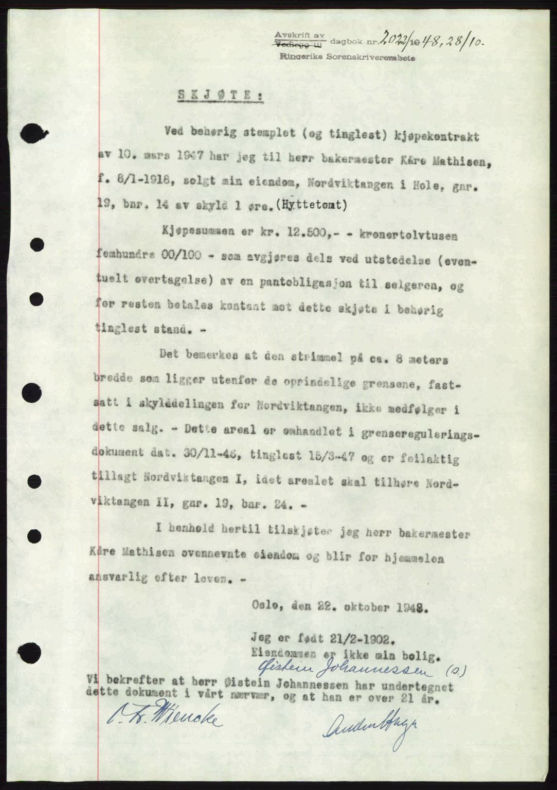 Ringerike sorenskriveri, SAKO/A-105/G/Ga/Gab/L0088: Pantebok nr. A-19, 1948-1948, Dagboknr: 2022/1948