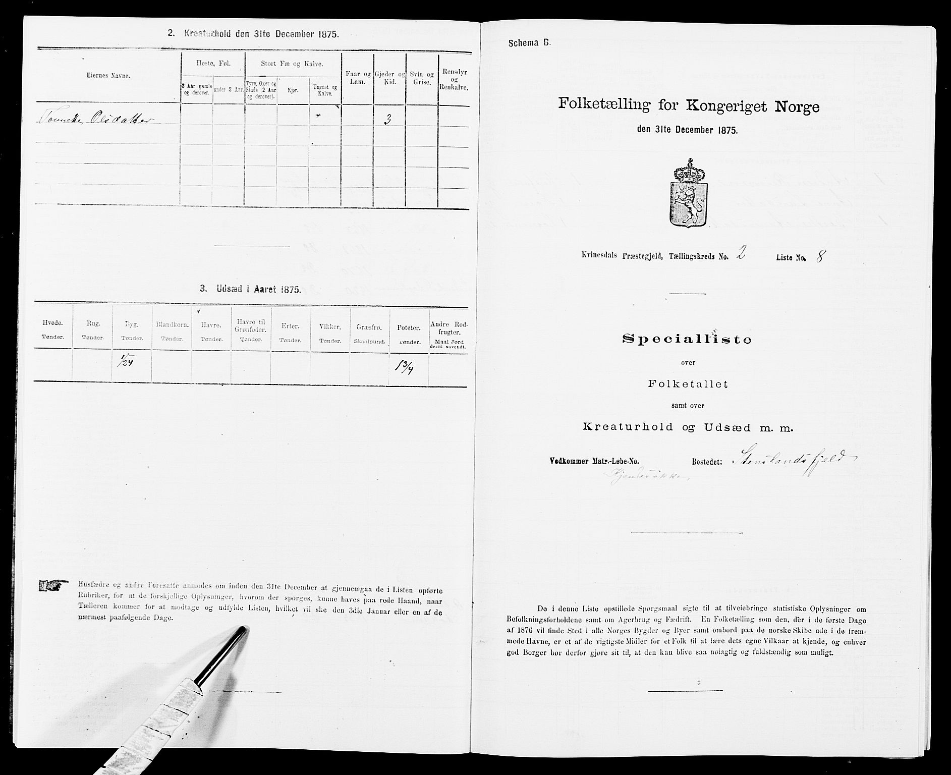 SAK, Folketelling 1875 for 1037P Kvinesdal prestegjeld, 1875, s. 287