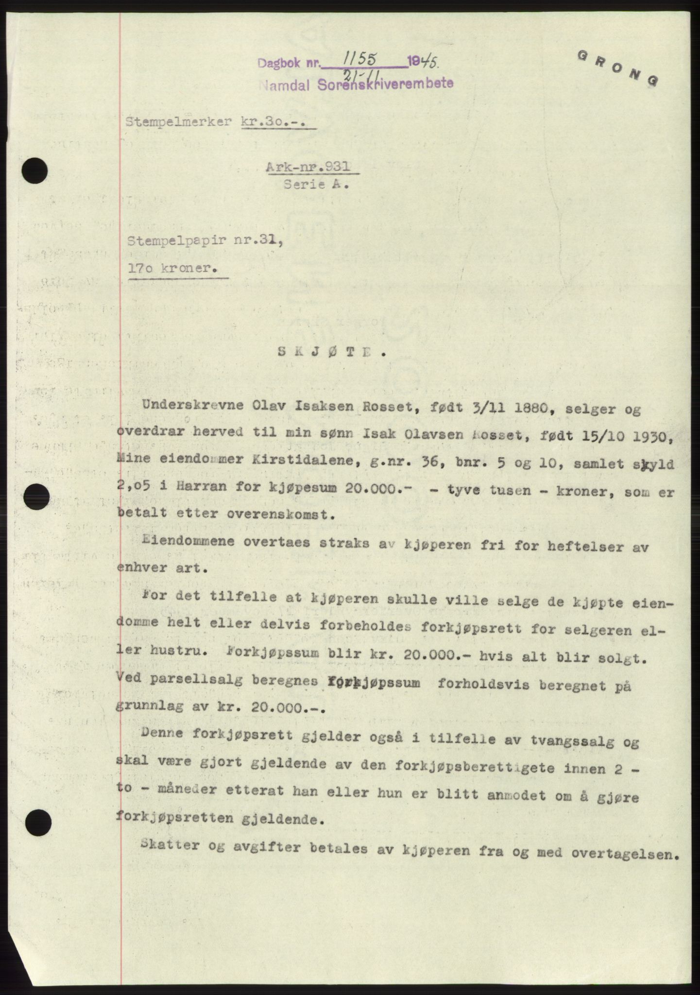 Namdal sorenskriveri, SAT/A-4133/1/2/2C: Pantebok nr. -, 1944-1945, Dagboknr: 1155/1945