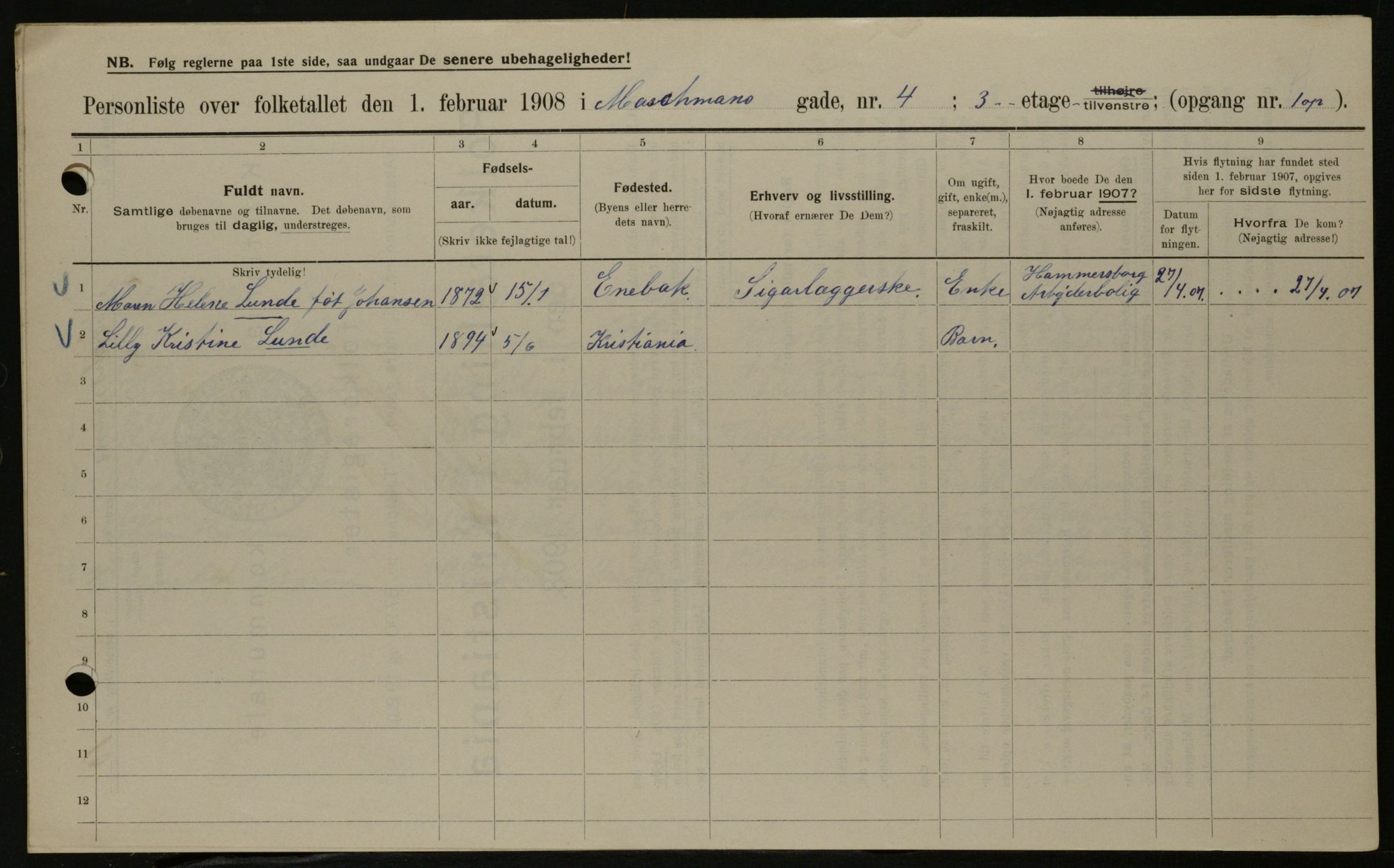 OBA, Kommunal folketelling 1.2.1908 for Kristiania kjøpstad, 1908, s. 58099