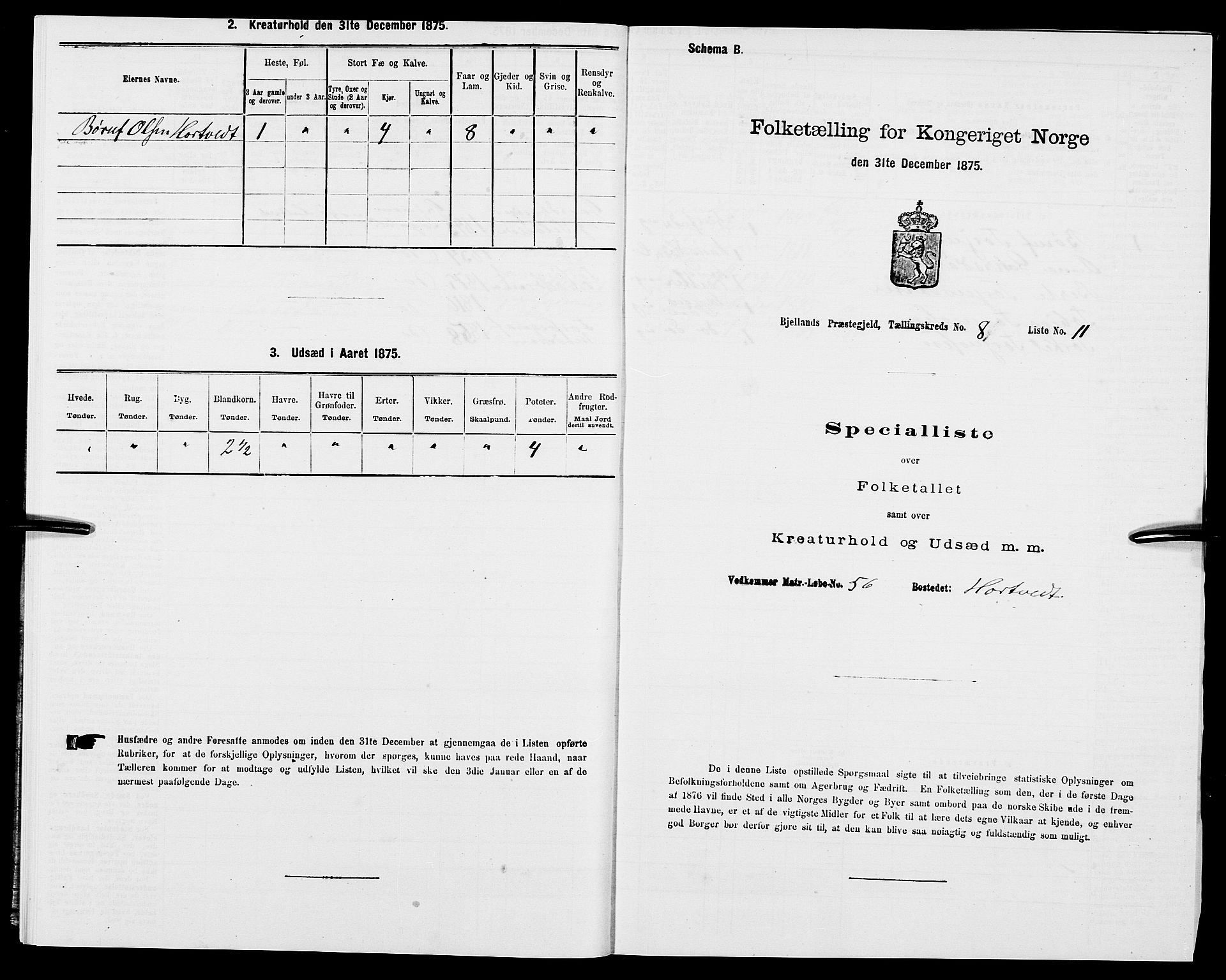 SAK, Folketelling 1875 for 1024P Bjelland prestegjeld, 1875, s. 528