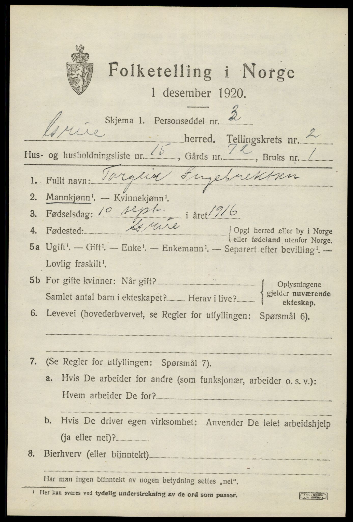 SAH, Folketelling 1920 for 0423 Grue herred, 1920, s. 3287