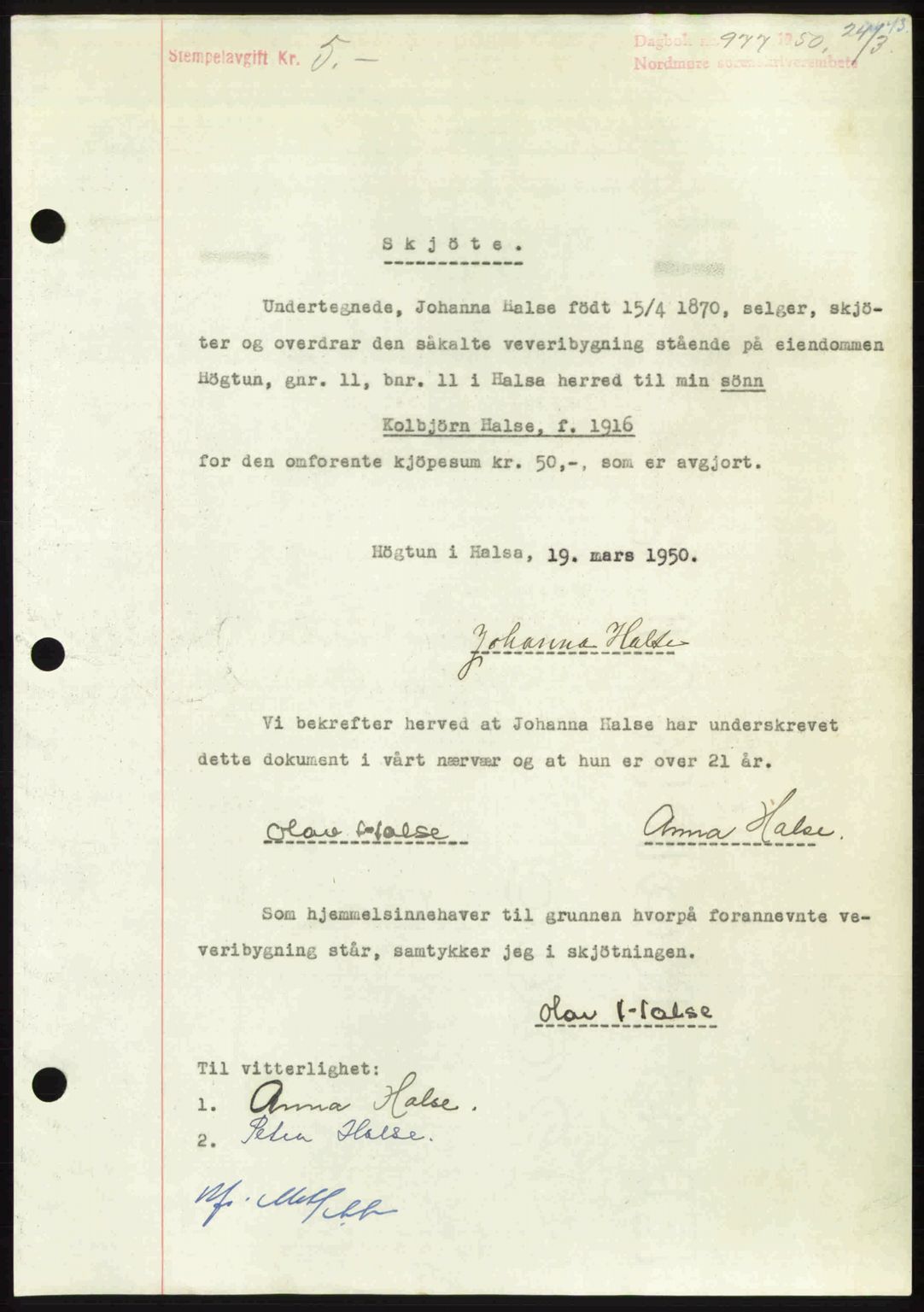 Nordmøre sorenskriveri, SAT/A-4132/1/2/2Ca: Pantebok nr. A114, 1950-1950, Dagboknr: 977/1950