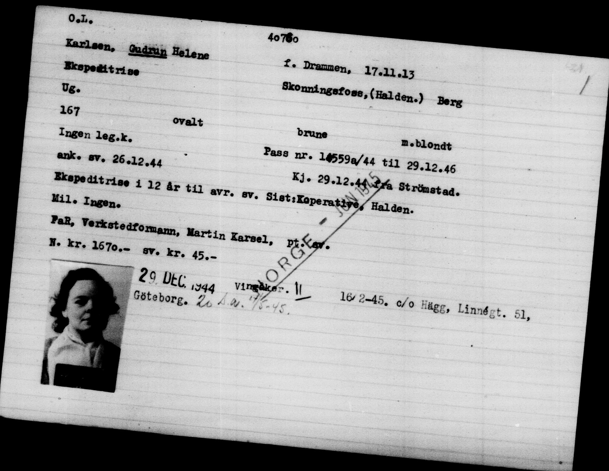 Utenriksstasjonene, Legasjonen i Stockholm, Flyktningkontoret, AV/RA-S-6753/V/Va/L0015: Kjesäterkartoteket, flyktninger med registreringsnr. 37800-40770, 1940-1945, s. 3072