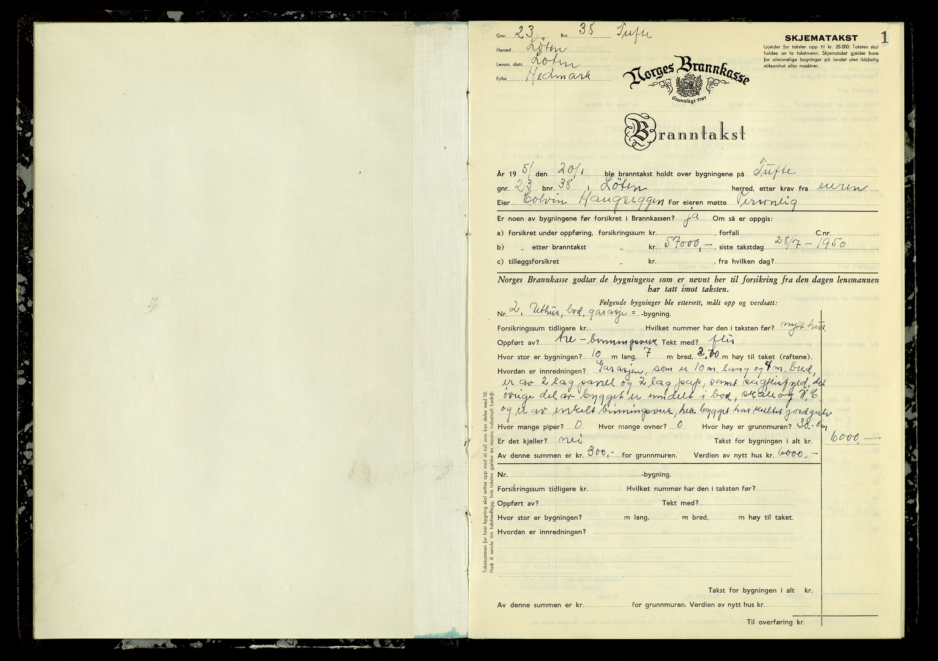 Norges Brannkasse, Løten, AV/SAH-NBRANL-007/F/L0006: Branntakstprotokoll, 1951-1954, s. 1