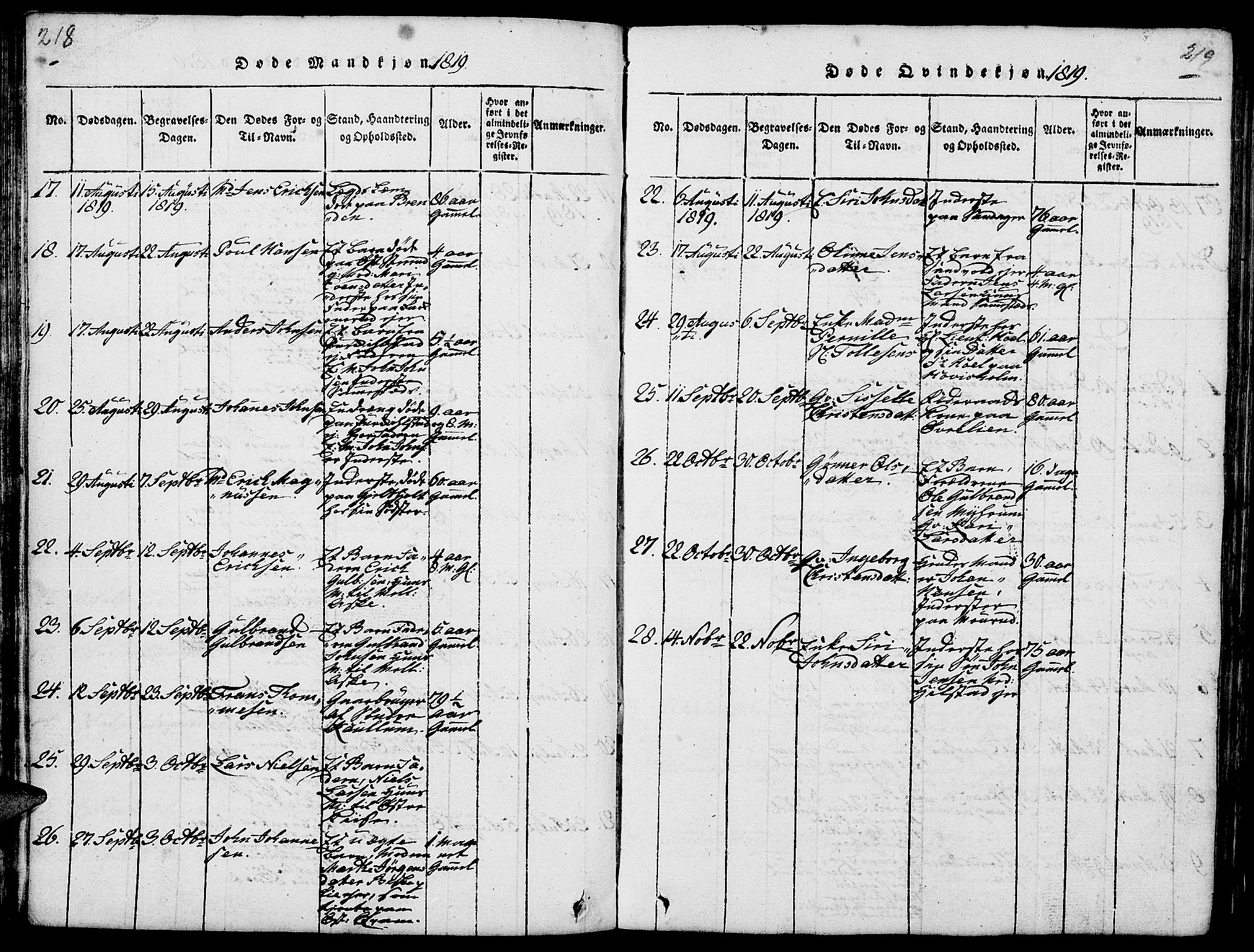 Nes prestekontor, Hedmark, AV/SAH-PREST-020/L/La/L0003: Klokkerbok nr. 3, 1814-1831, s. 218-219