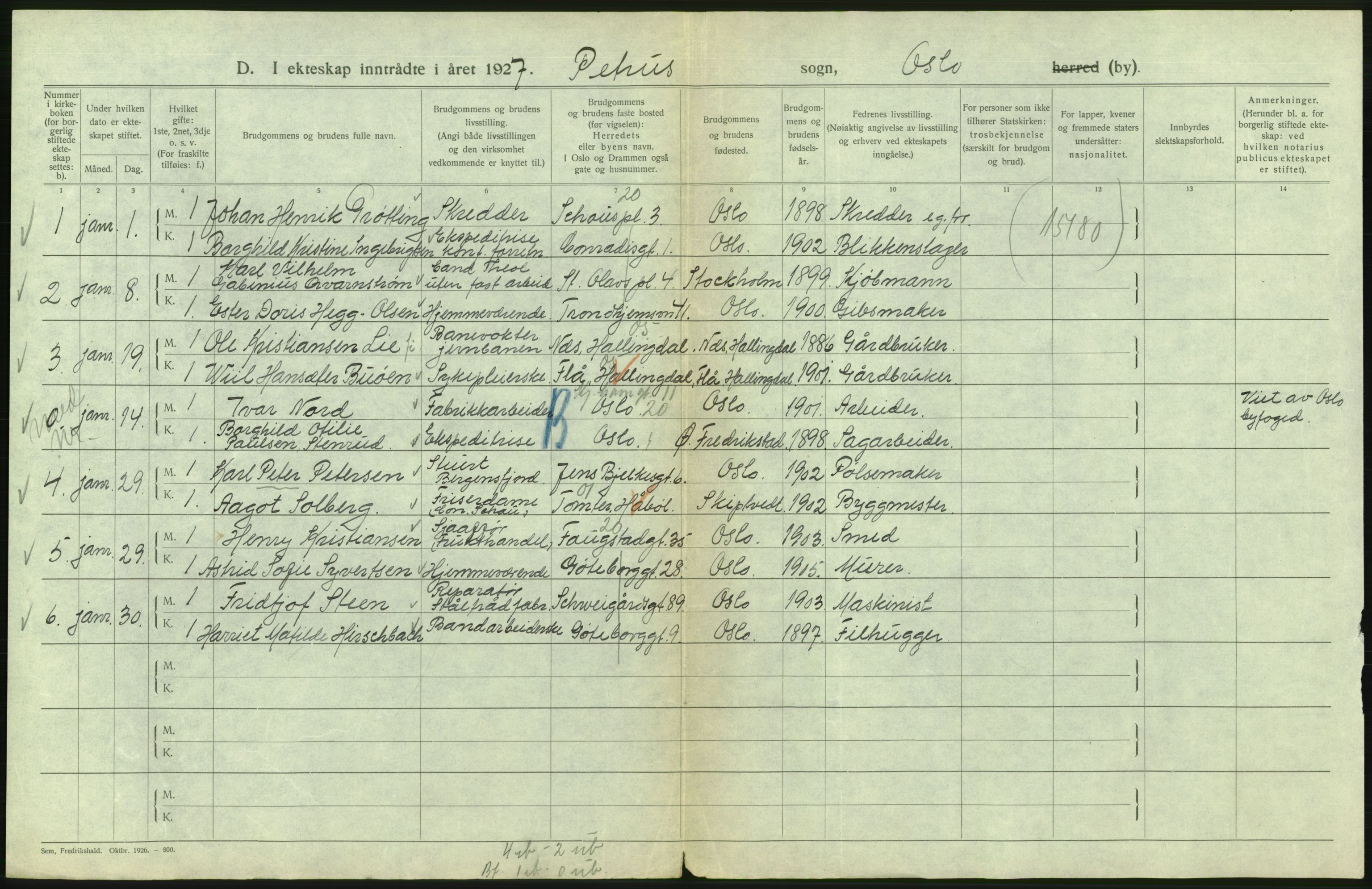 Statistisk sentralbyrå, Sosiodemografiske emner, Befolkning, AV/RA-S-2228/D/Df/Dfc/Dfcg/L0008: Oslo: Gifte, 1927, s. 522