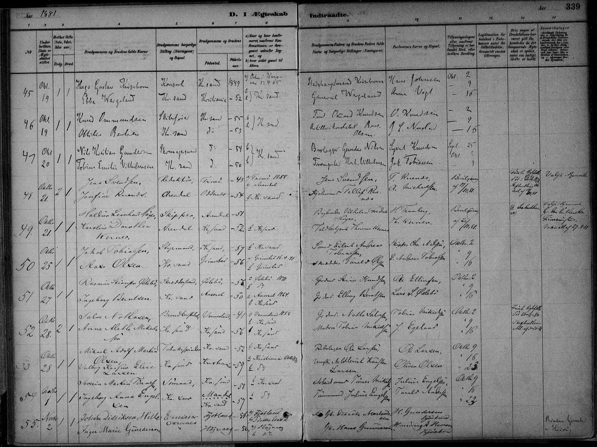 Kristiansand domprosti, AV/SAK-1112-0006/F/Fa/L0017: Ministerialbok nr. A 16B, 1880-1890, s. 339