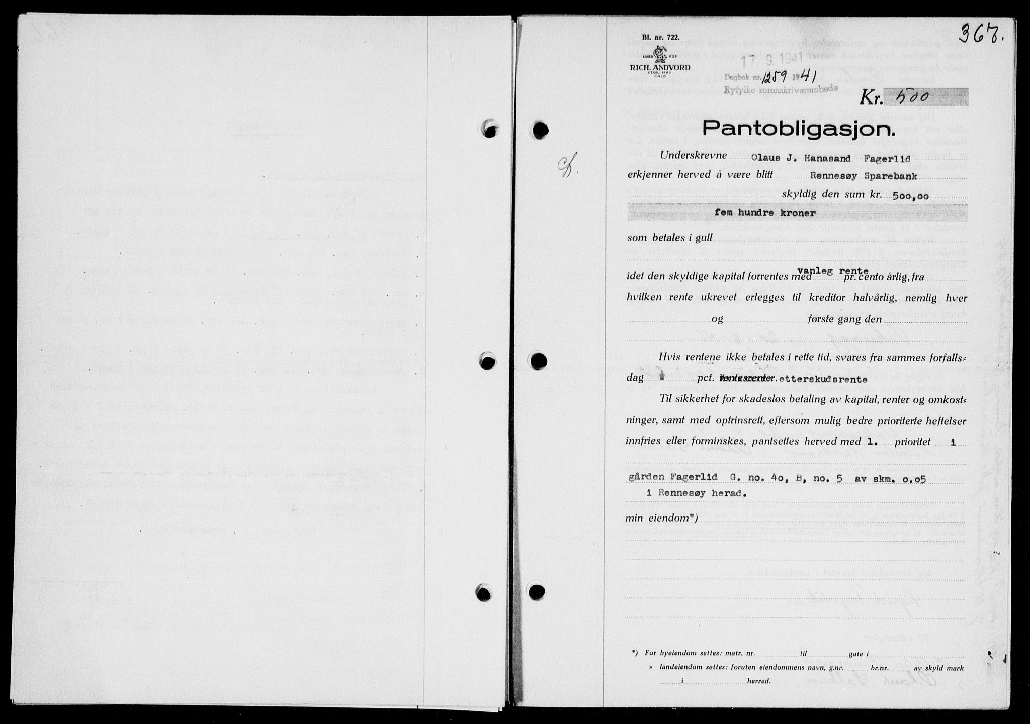 Ryfylke tingrett, SAST/A-100055/001/II/IIB/L0083: Pantebok nr. 62, 1941-1941, Dagboknr: 1259/1941